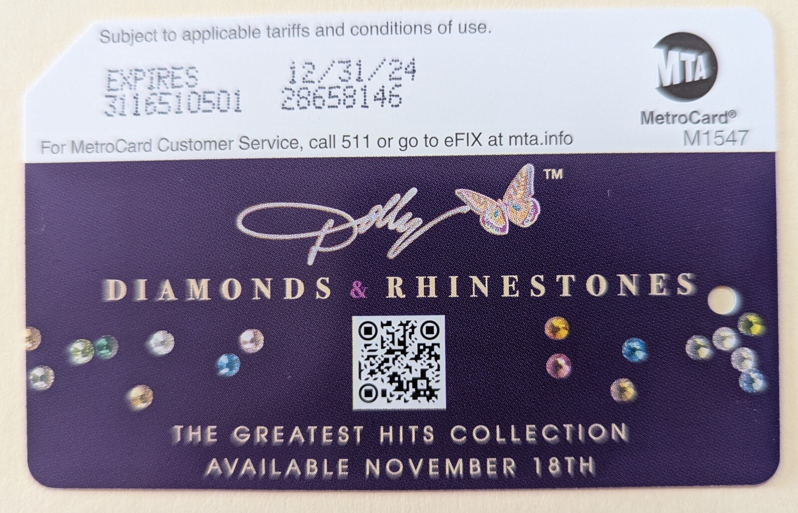 Dolly Parton, Diamonds and Rhinestones, NYC MetroCard -Expired, Mint condition