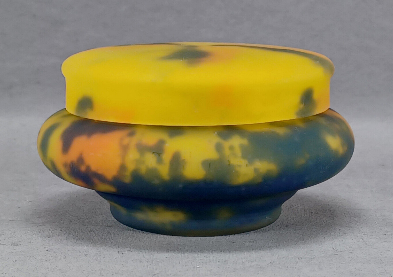 French Muller Freres Luneville Art Deco Mottled Yellow & Blue Glass Box / Jar