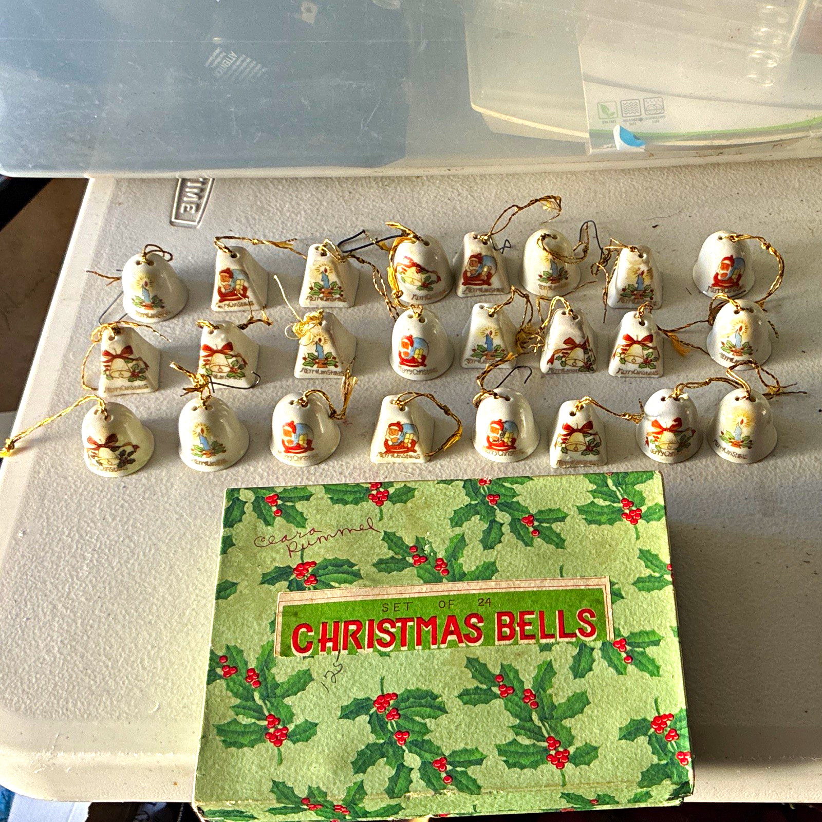 Vintage Mid Century Porcelain Christmas Bells Set of 24&Original Box: great