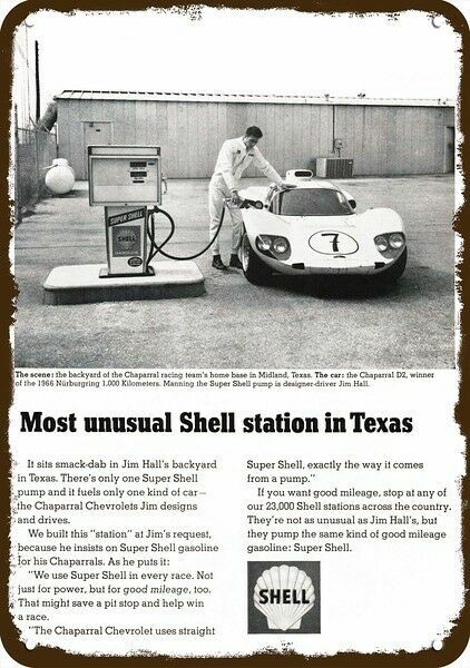 1966 Jim Hall Chaparral D2 Race Car & Shell Gas DECORATIVE REPLICE METAL SIGN 1966 Jim Hall Chaparral D2 Race Car & Shell Gas DECORATIVE REPLICE METAL SIGN