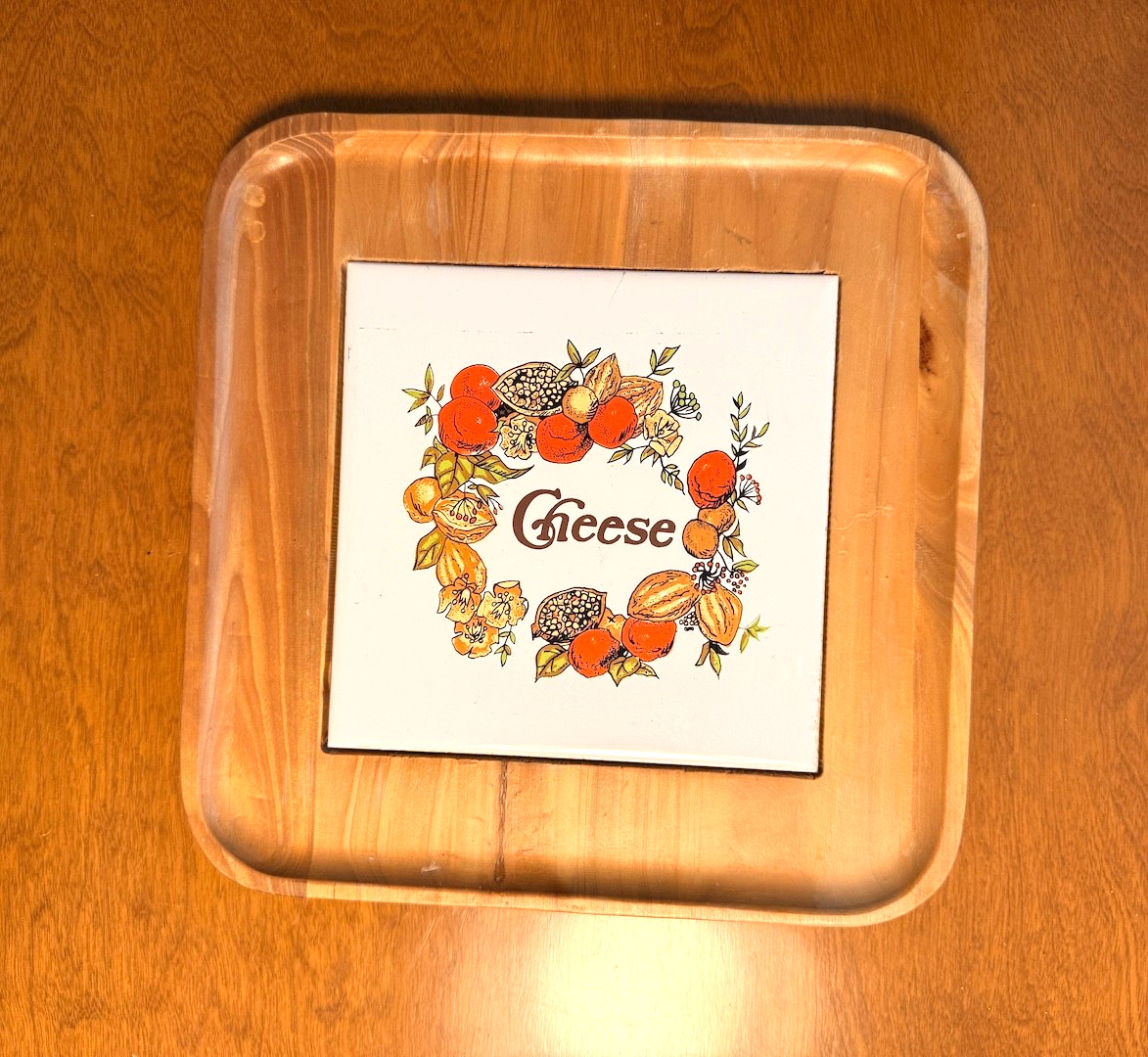 Vintage 1970s Ceramic Wood Cheese Tile Board Platter Tray, Kitchen Vintage 1970s Ceramic Wood Cheese Tile Board Platter Tray, Kitchen