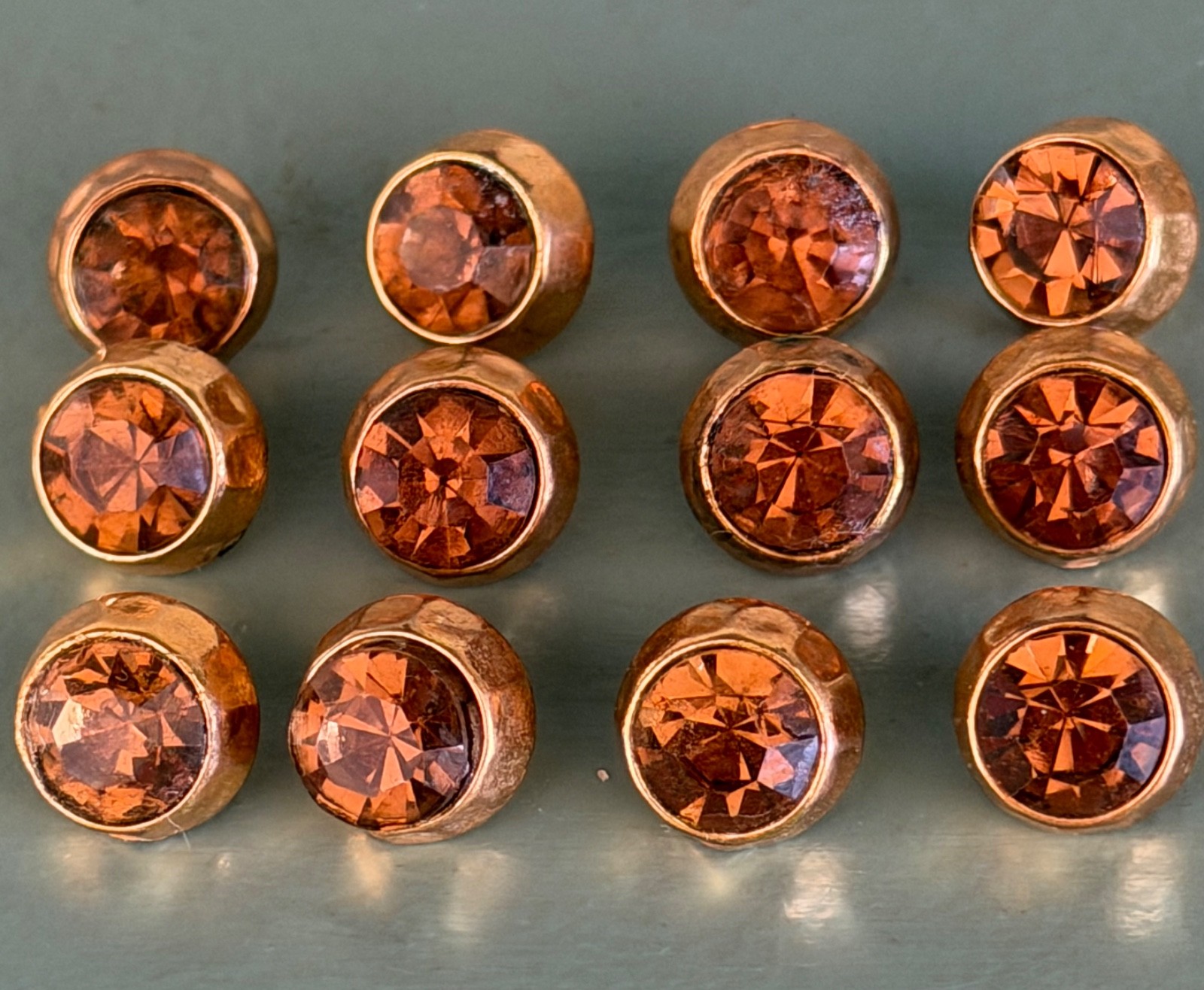 Stunning Matching Set (12) 1940s Faceted Topaz Glass GoldTone Shank Buttons 5/8