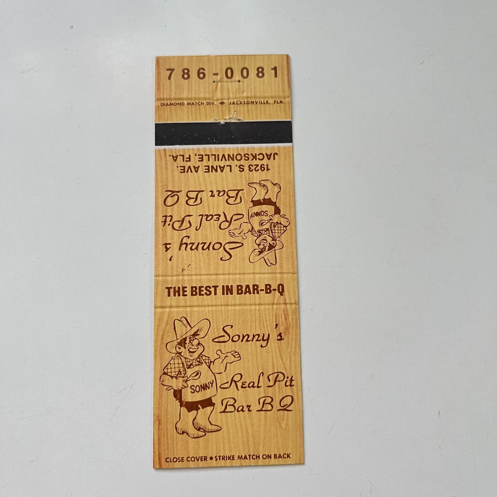 Sonny\'s Real Pit BarBQ S Lane Av Jacksonville FL Vintage Matchbook Cover 4MB75-4