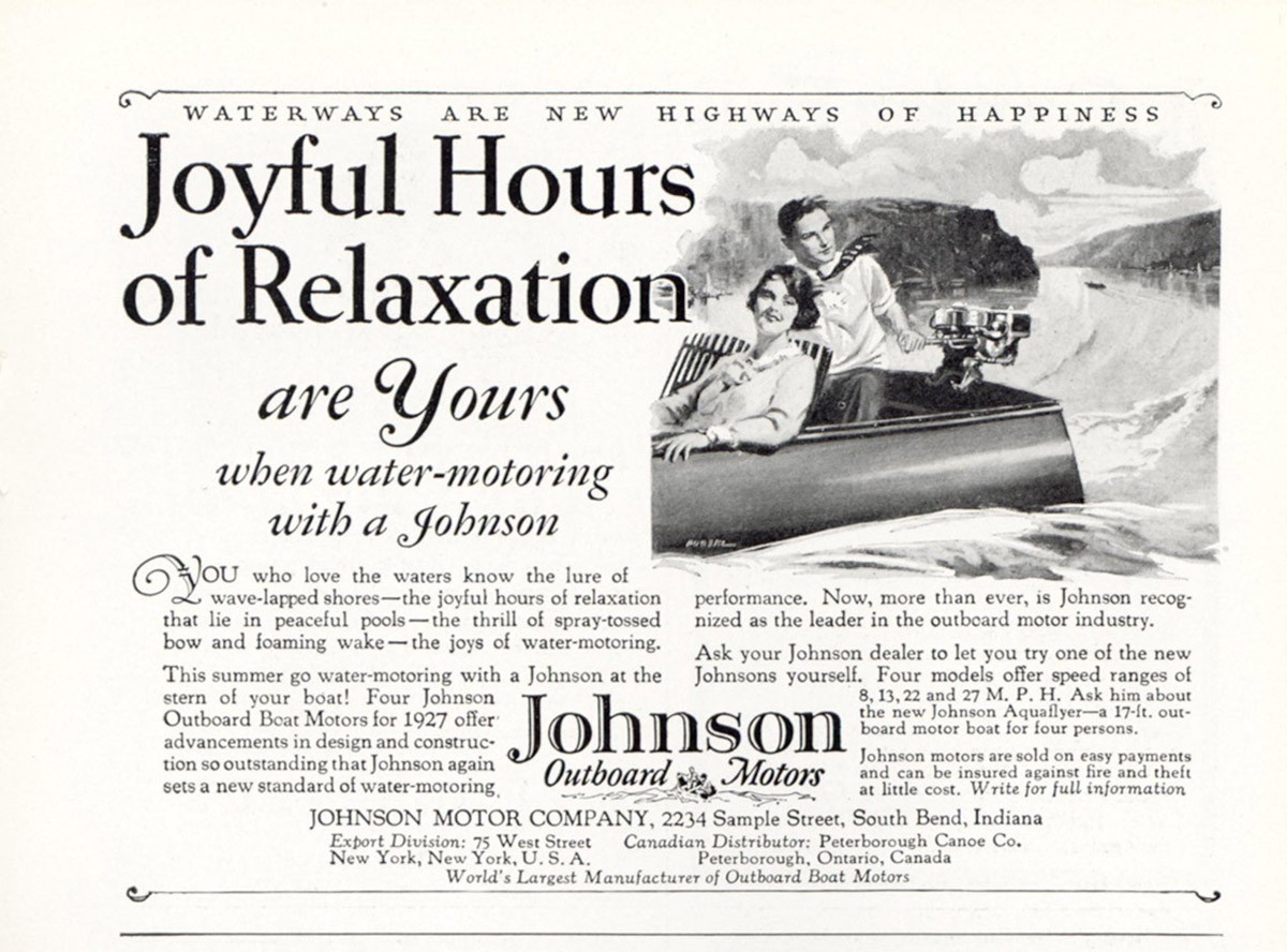 1927 Johnson Overboard Motors: Joyful Hours of Relaxation Vintage Print Ad