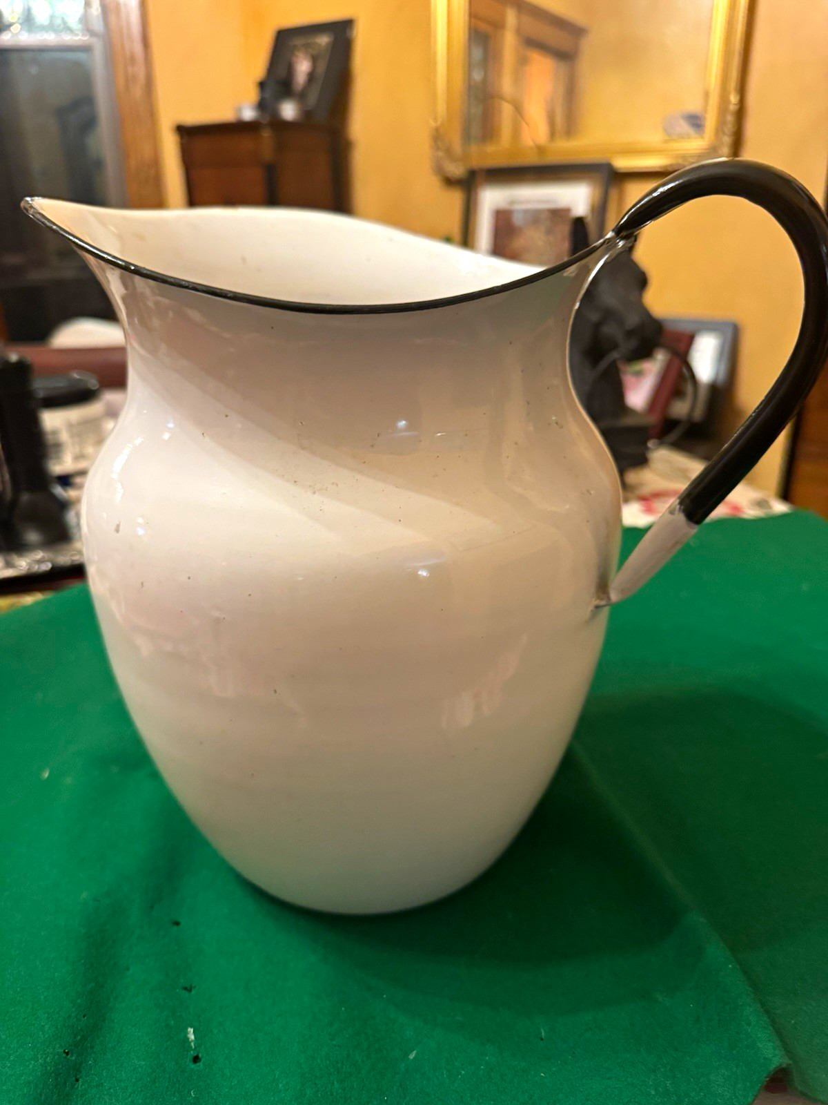White/Black Glossy Enamel Metal Pitcher w/ Handle, 1 qt, 10 in Tall White/Black Glossy Enamel Metal Pitcher w/ Handle, 1 qt, 10 in Tall