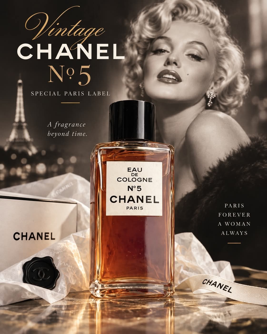 CHANEL No.5 Vintage Eau de Cologne Special PARIS Label Full Bottle 4 Fl Oz CHANEL No.5 Vintage Eau de Cologne Special PARIS Label Full Bottle 4 Fl Oz