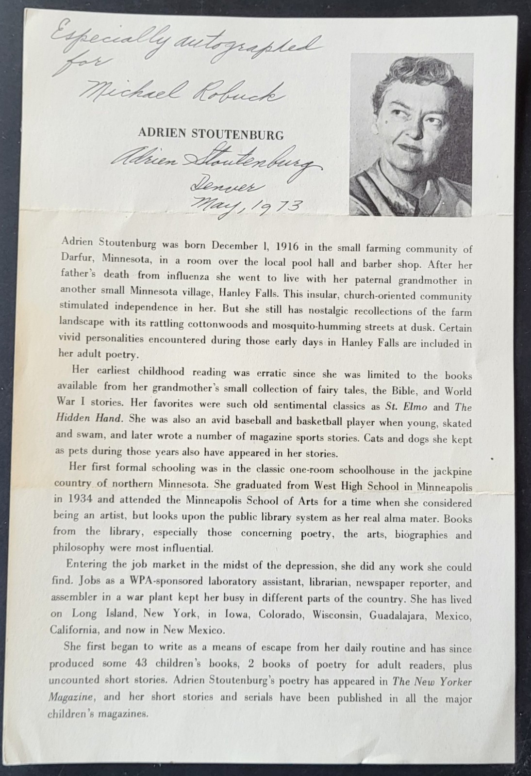 Adrien Stoutenburg Autographed Bio Page Juvenile Novelist & Poet Died 1982