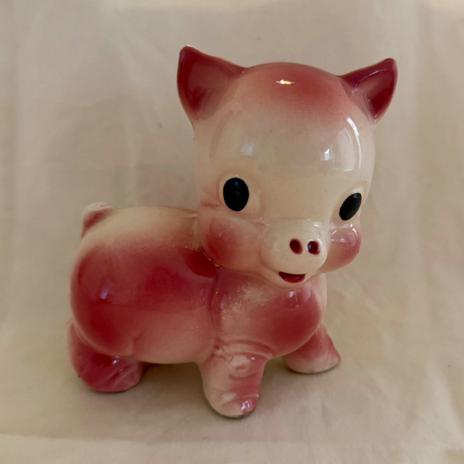 Pink & White Ceramic Pig Figurine, Glossy Finish Animal Theme Decor