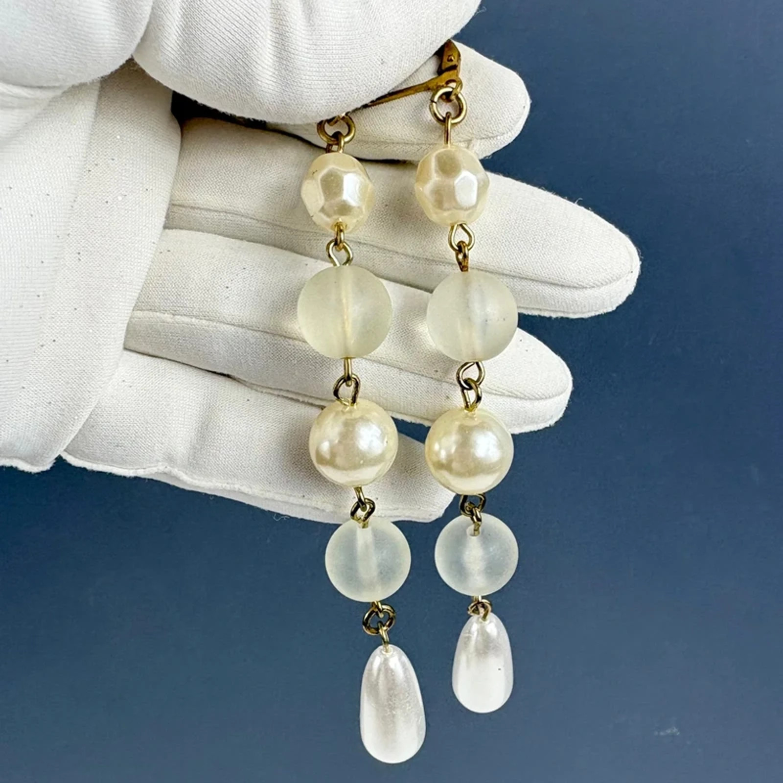 Extra Long Vintage Faux Pearl Dangle Pierced Earrings