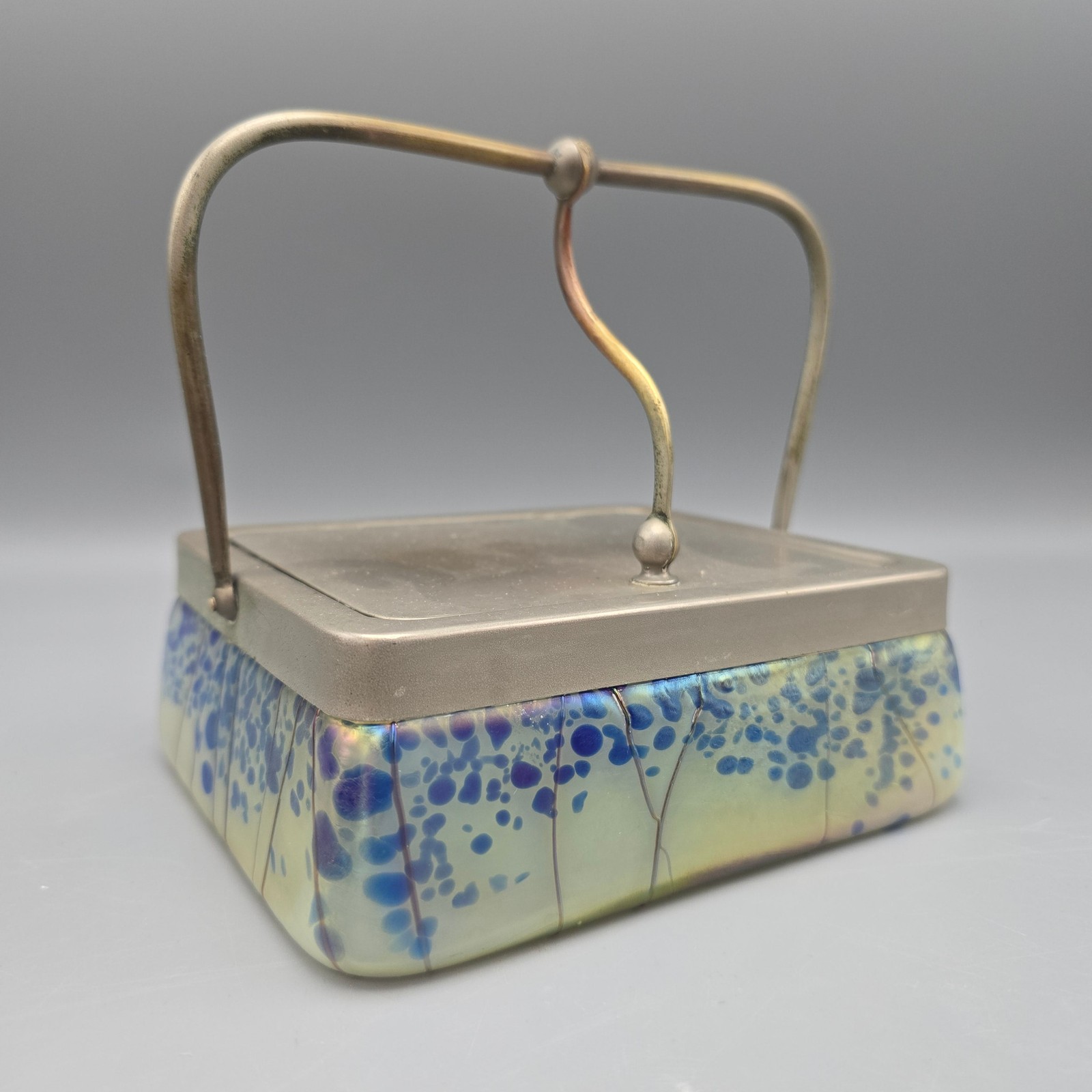 Vintage Loetz Style Art Nouveau Lidded Box with an Iridescent Art Glass Base Vintage Loetz Style Art Nouveau Lidded Box with an Iridescent Art Glass Base