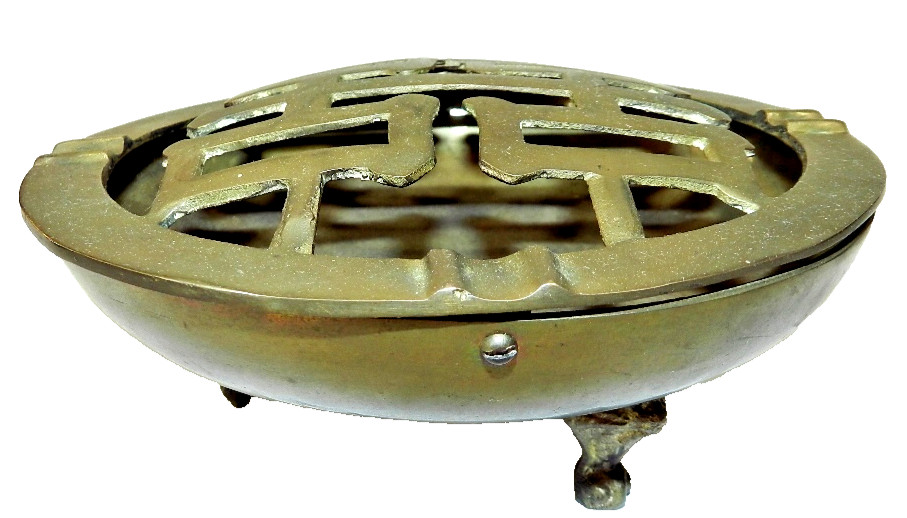 VTG Chinese Brass Incense Burner & Ashtray Lidded Double Happiness Faux Bamboo