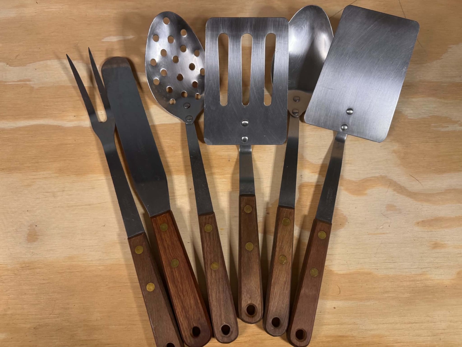 Vtg 50's Supre-Macy Stainless Steel Kitchen Utensils Lot 6pc Wood Handle MCM Vtg 50's Supre-Macy Stainless Steel Kitchen Utensils Lot 6pc Wood Handle MCM