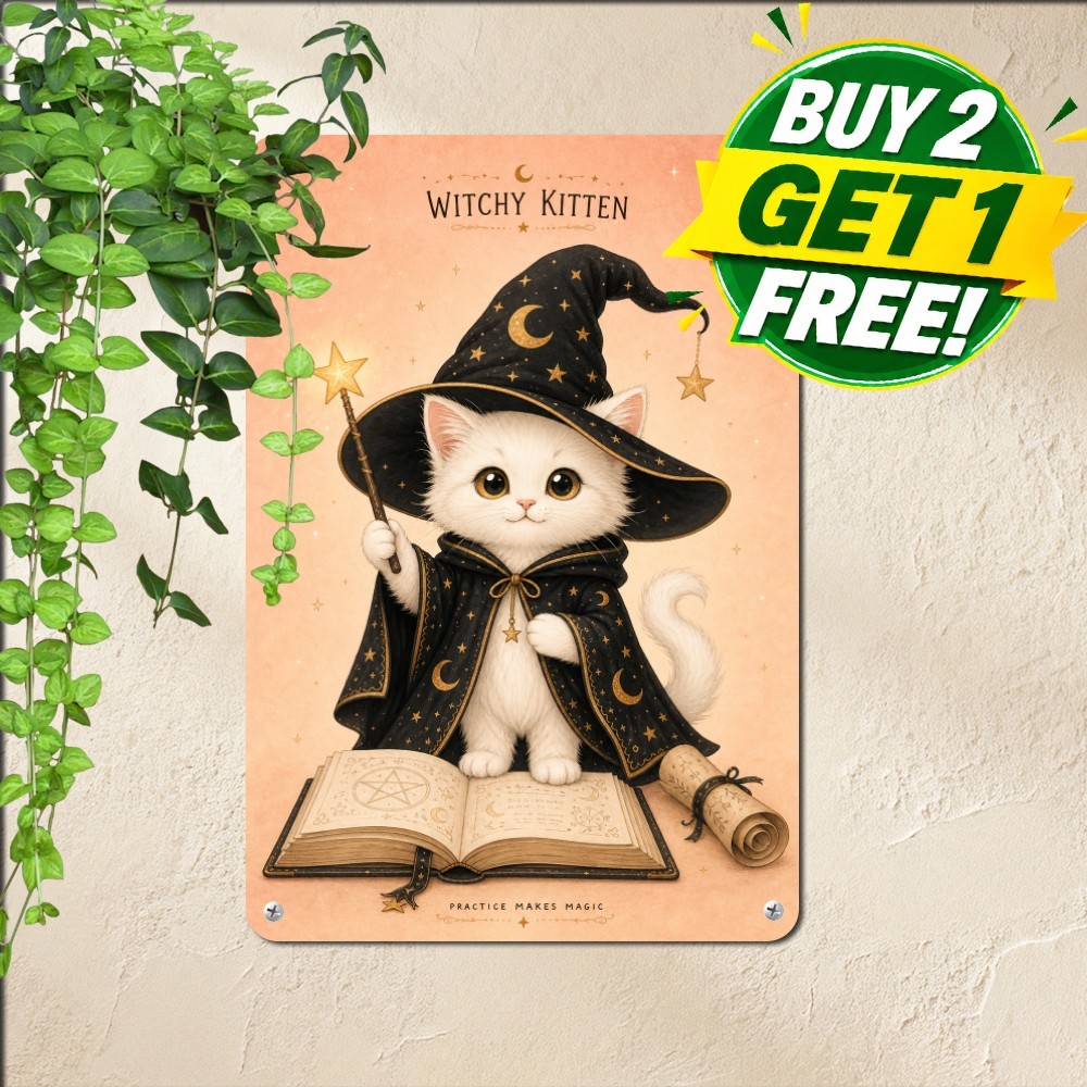 Cute White Kitten In Wizard Hat Sign Whimsical Magical Witch Pet Metal Tin Decor