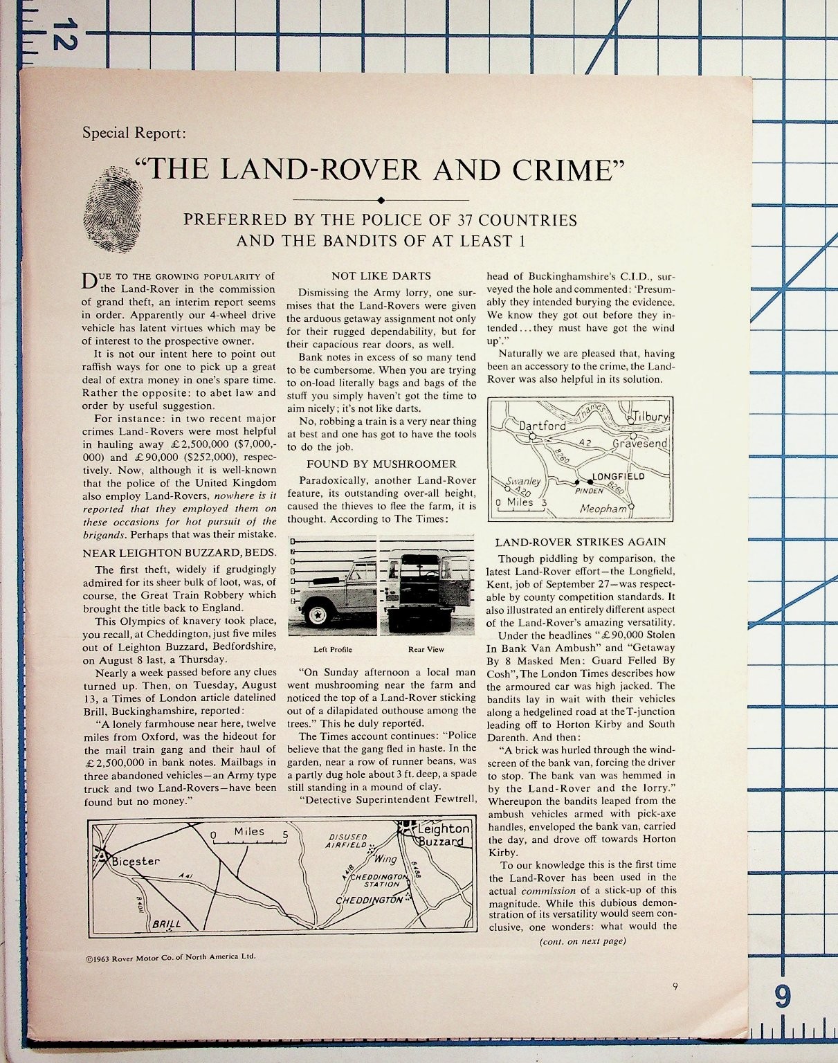 1963 Land Rover & Crime Article UK Police Bandit Theft History Magazine Pages