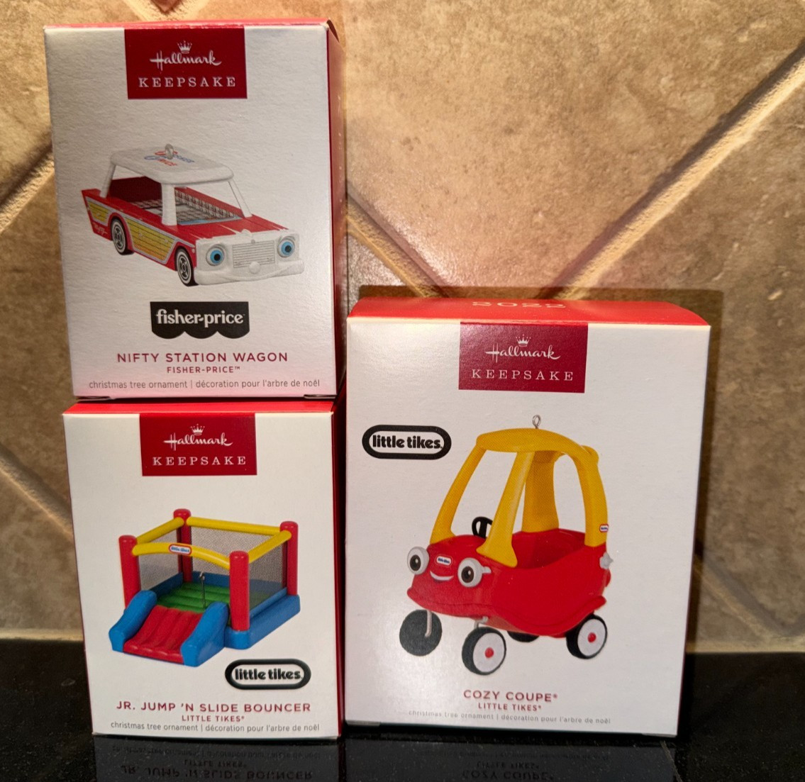 Hallmark Lot of 3 Little Tikes Fisher-Price Ornaments Cozy Coupe Bouncer Wagon Hallmark Lot of 3 Little Tikes Fisher-Price Ornaments Cozy Coupe Bouncer Wagon