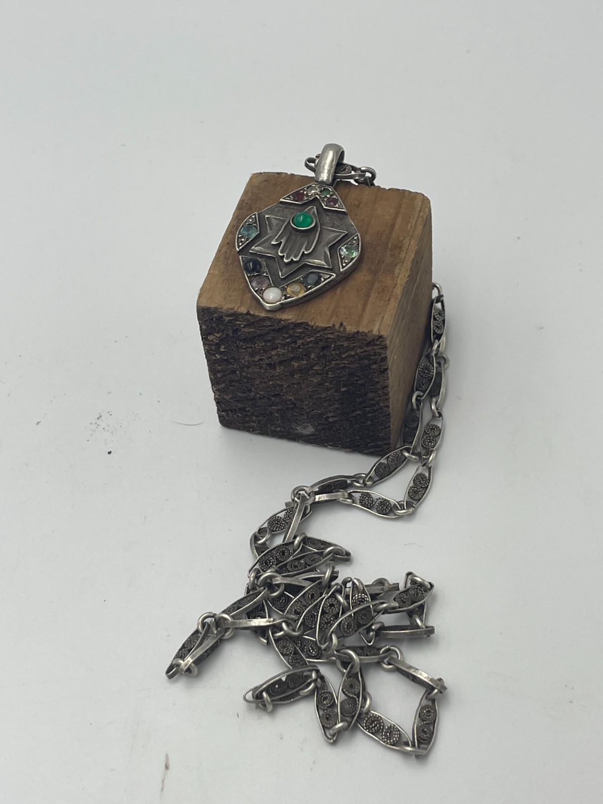 Vintage Jewish Yemeni Amazing Jeweled Silver Two side Amulet pendant Necless