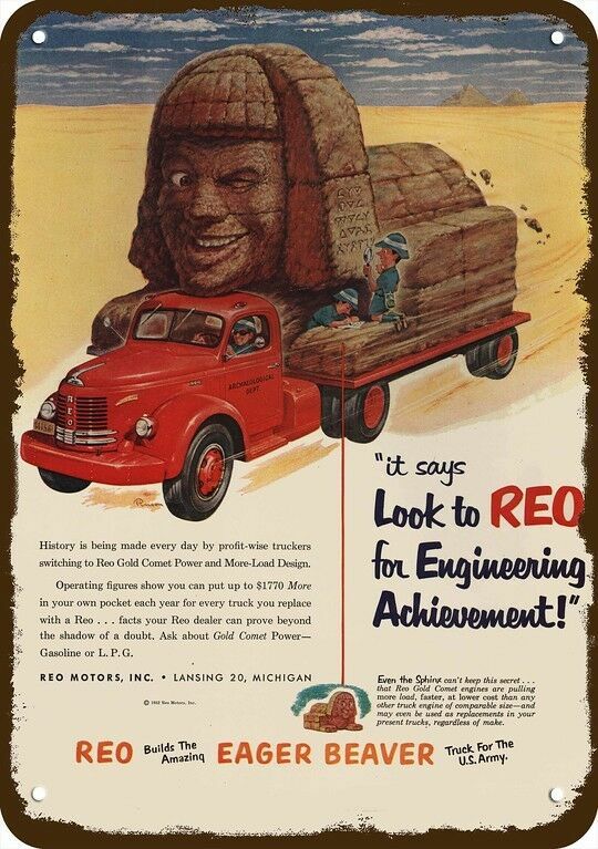 1952 REO MOTORS Truck hauls Sphinx Vintage-Look DECORATIVE REPLICA METAL SIGN 1952 REO MOTORS Truck hauls Sphinx Vintage-Look DECORATIVE REPLICA METAL SIGN