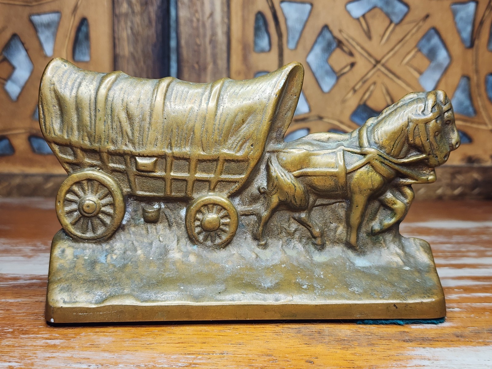 Vintage Cast Iron Brass Plated Horse Wagon Stagecoach Door Stop Bookend 2lbs 6x4