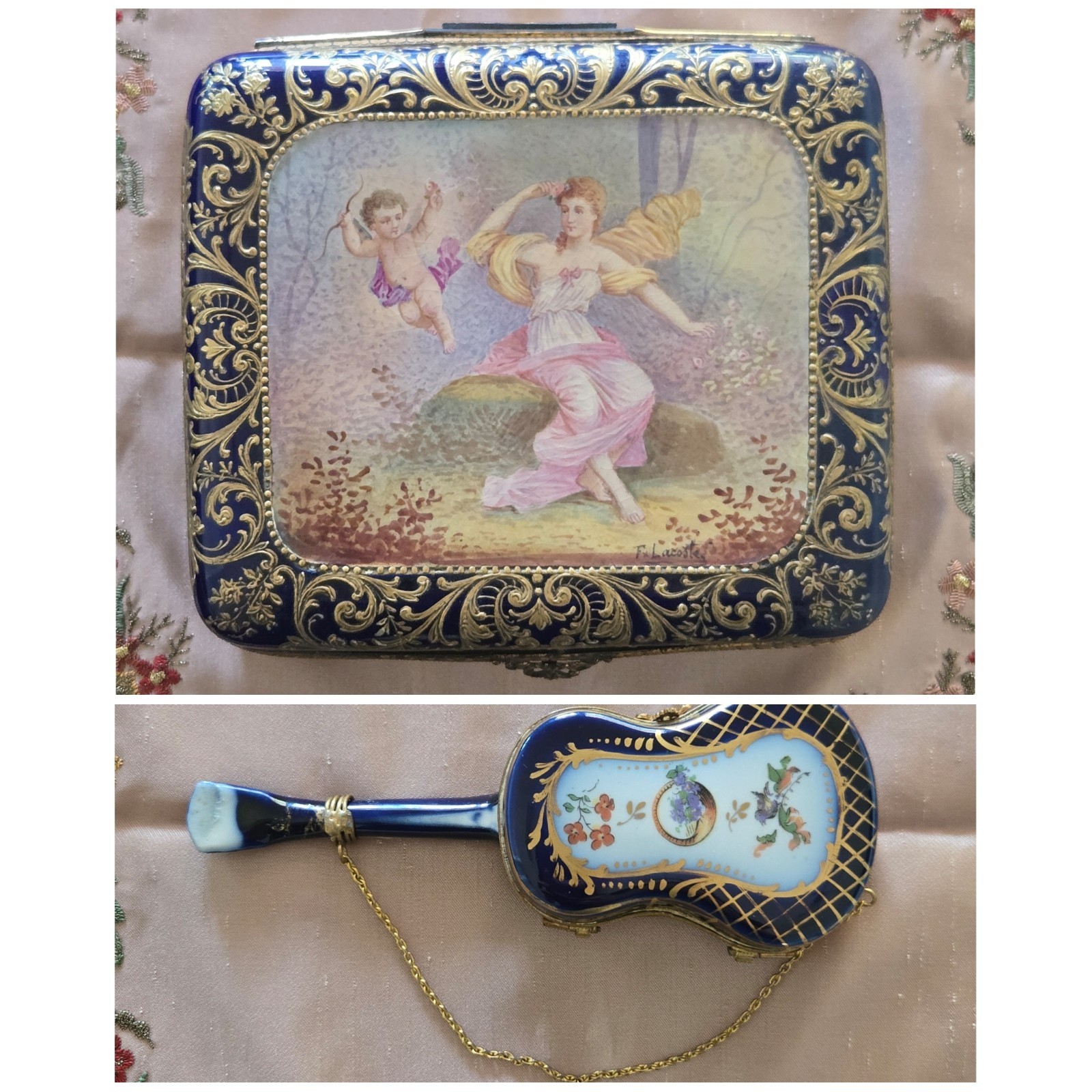 Antique 1880 Set Of 2 Parisian Porcelain Jewelry Boxes, Neoclassical, Signed