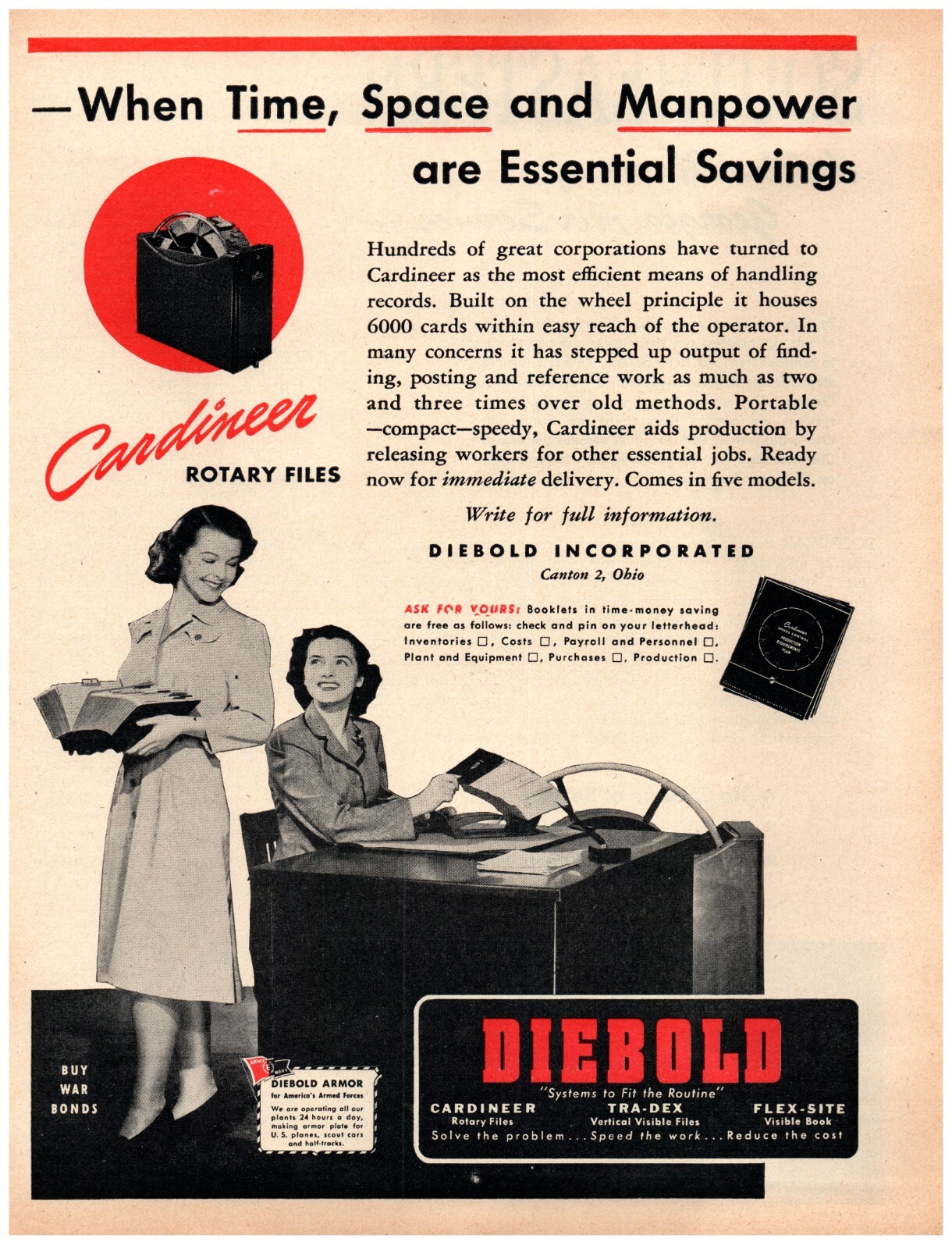 1944 PRINT AD, Diebold Cardineer Rotary Files WWII War Effort Time Space Workers