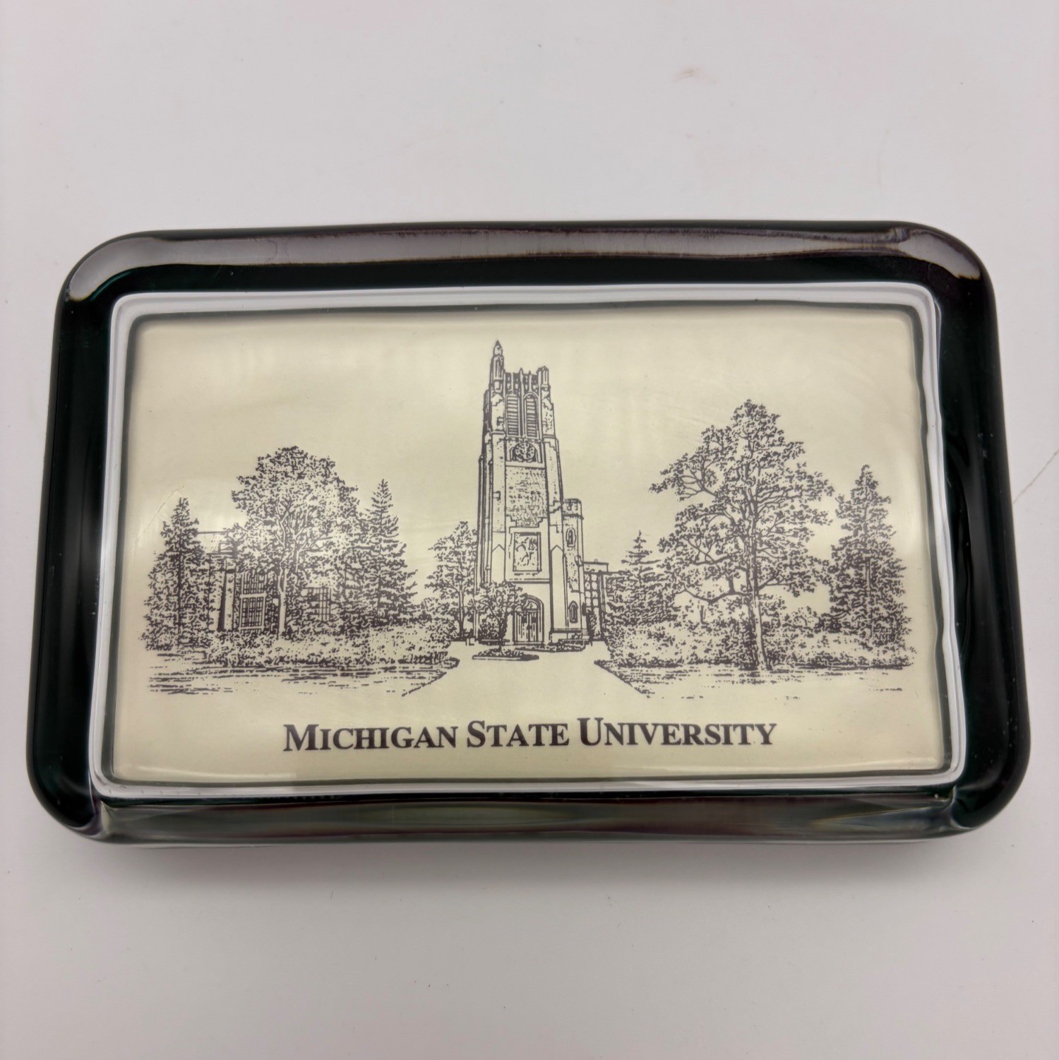 Vintage Michigan State University Beaumont Tower Eglomise Glass Paperweight Desk