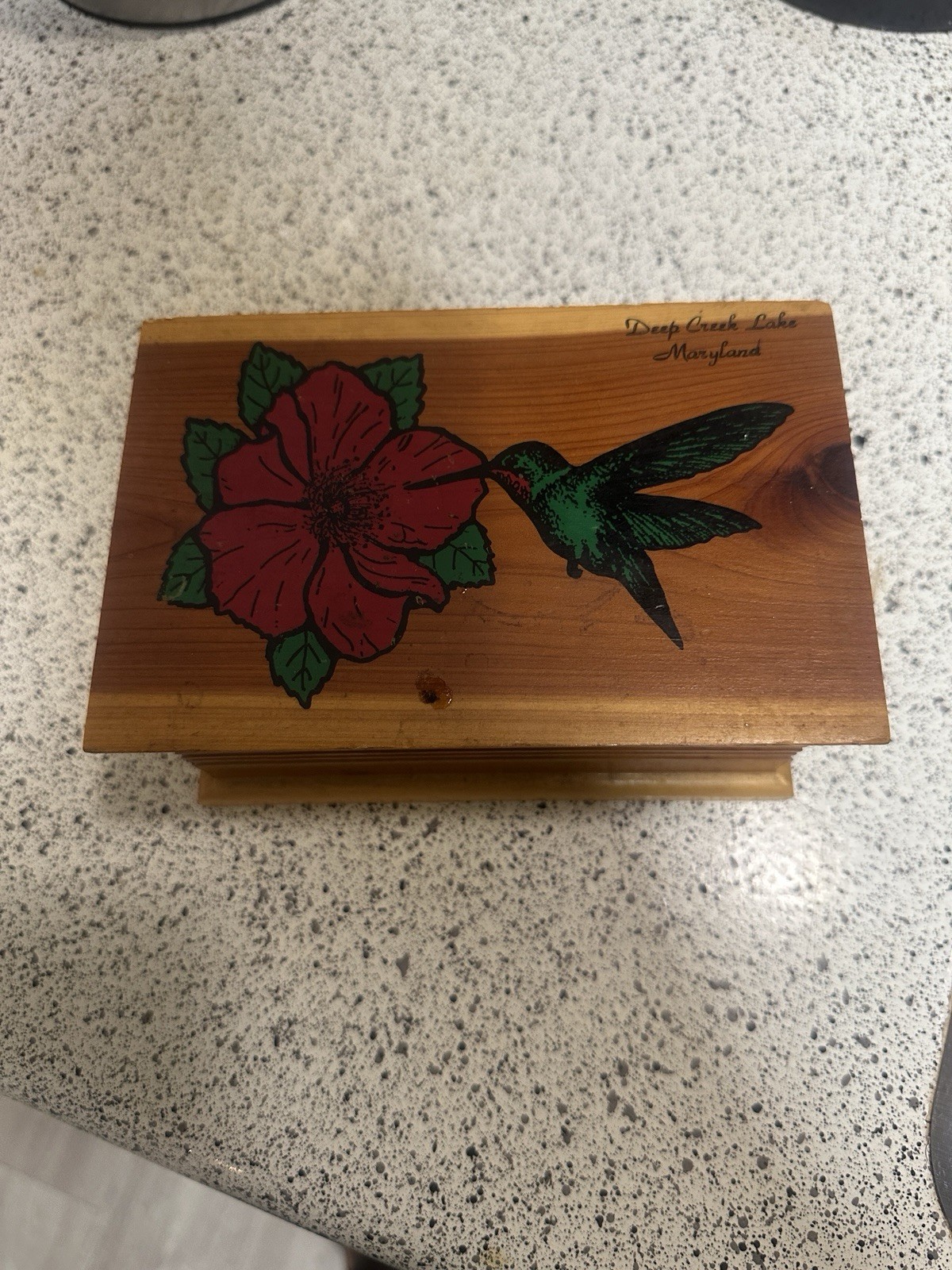 Vintage Handmade Cedar Wood Jewelry Box Hand Painted Hummingbird Deep Creek MD