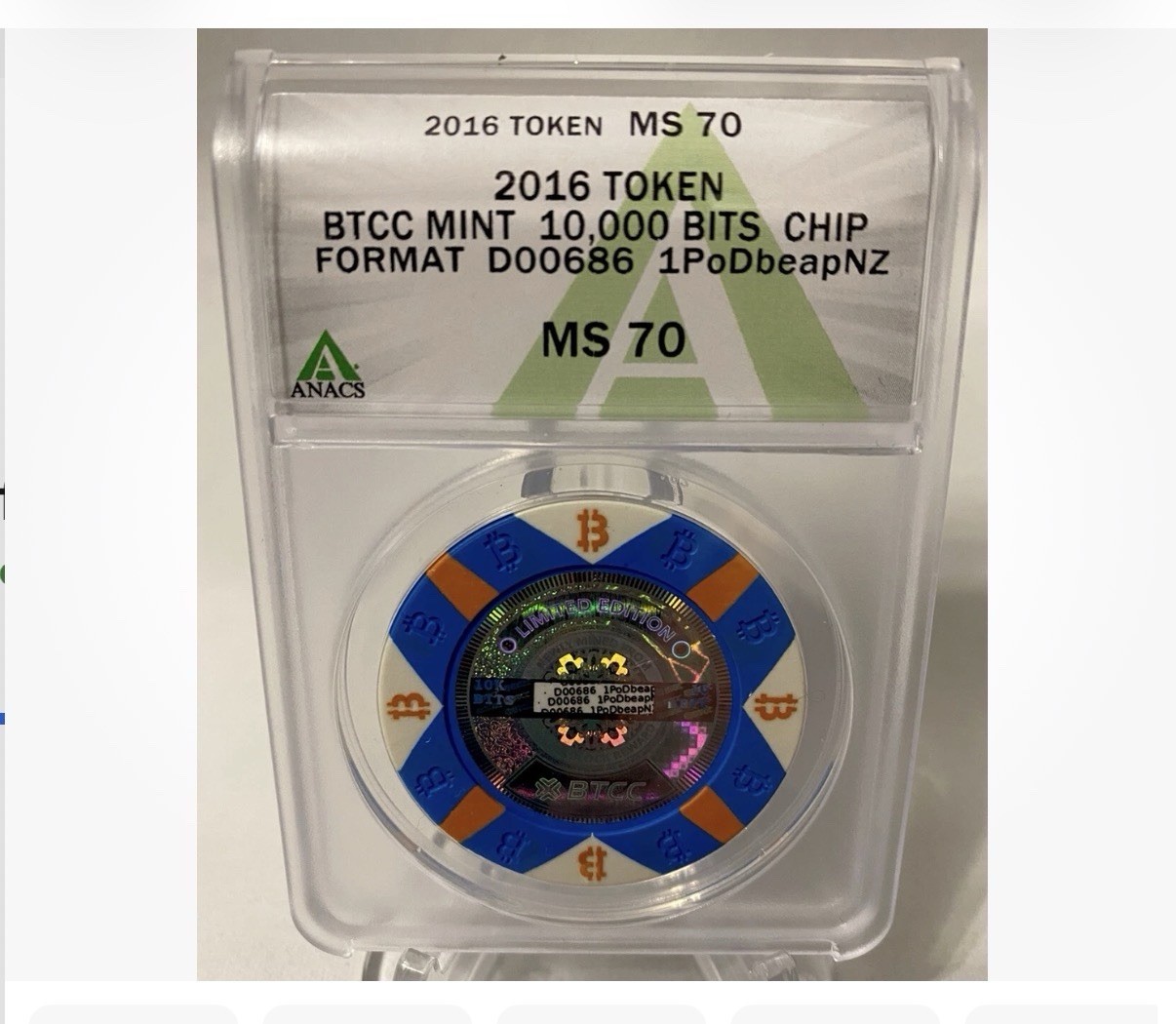 BTCC Mint 2016 10,000 Bits Non-Casino Chip ANACS MS 70 unpeeled loaded .01 rare BTCC Mint 2016 10,000 Bits Non-Casino Chip ANACS MS 70 unpeeled loaded .01 rare