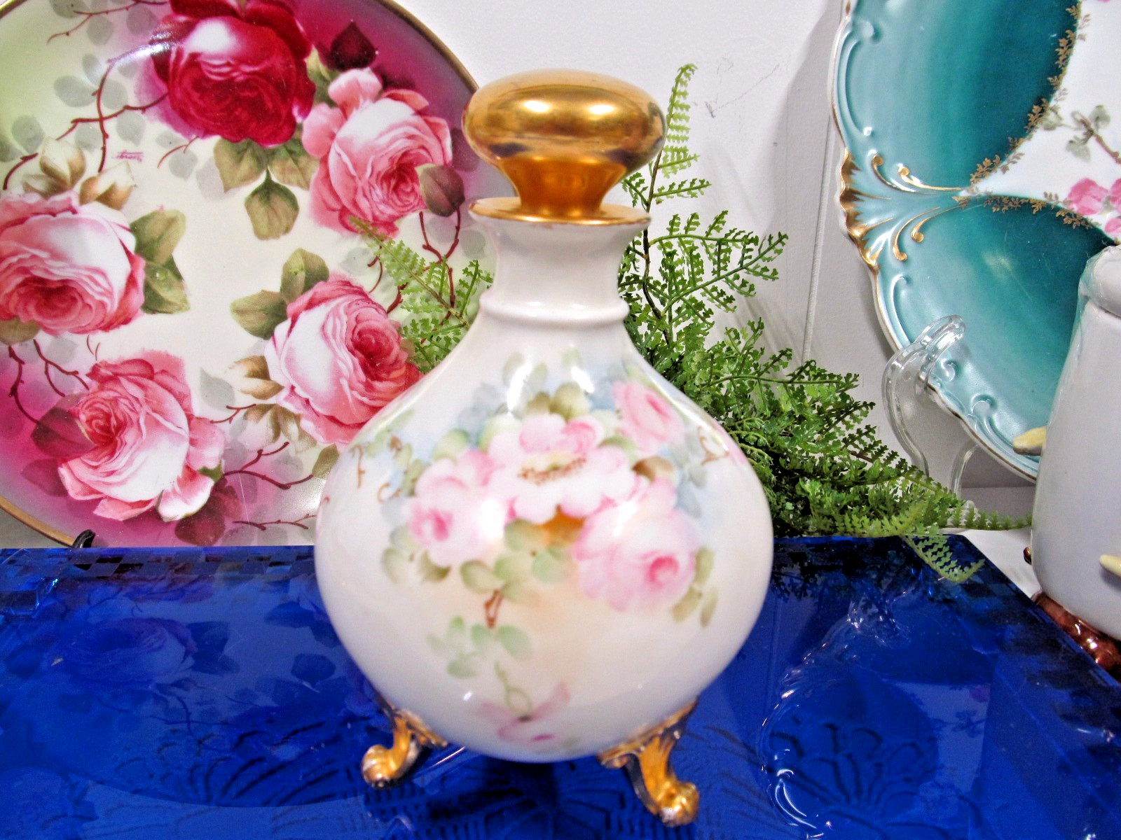 Vintage Gda 1920s painted Limoges perfume bottle bath oils footed pink roses