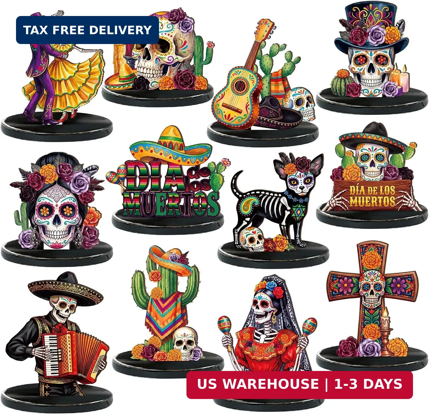 12 Pcs Day of the Dead Table Decor Skull Wooden Tiered Tray Decor Dia 12 Pcs Day of the Dead Table Decor Skull Wooden Tiered Tray Decor Dia