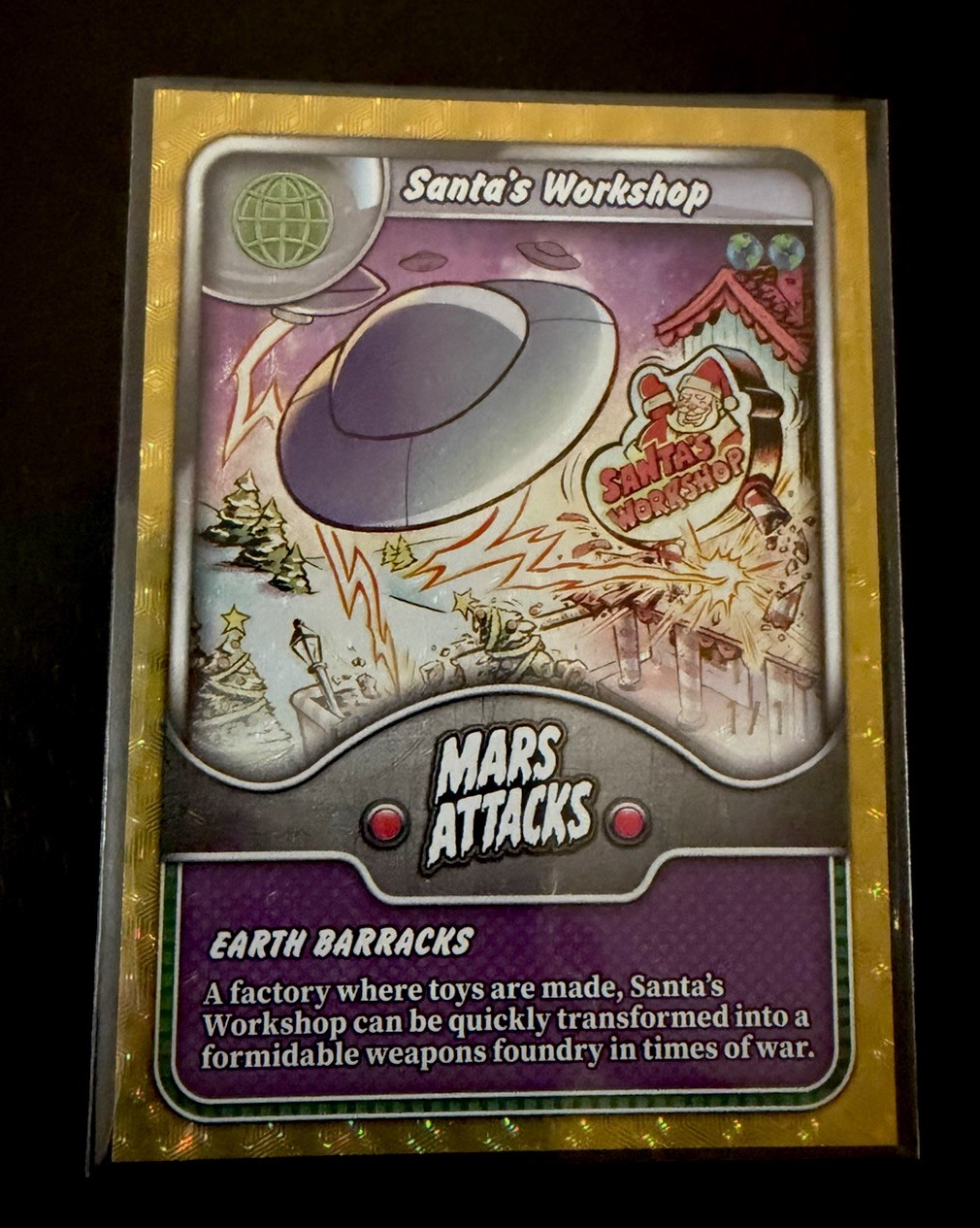 2026 Topps Mars Attacks XMAS BR-10 Santa's Workshop Battle DOTZ 1/1 Gold Vinyl