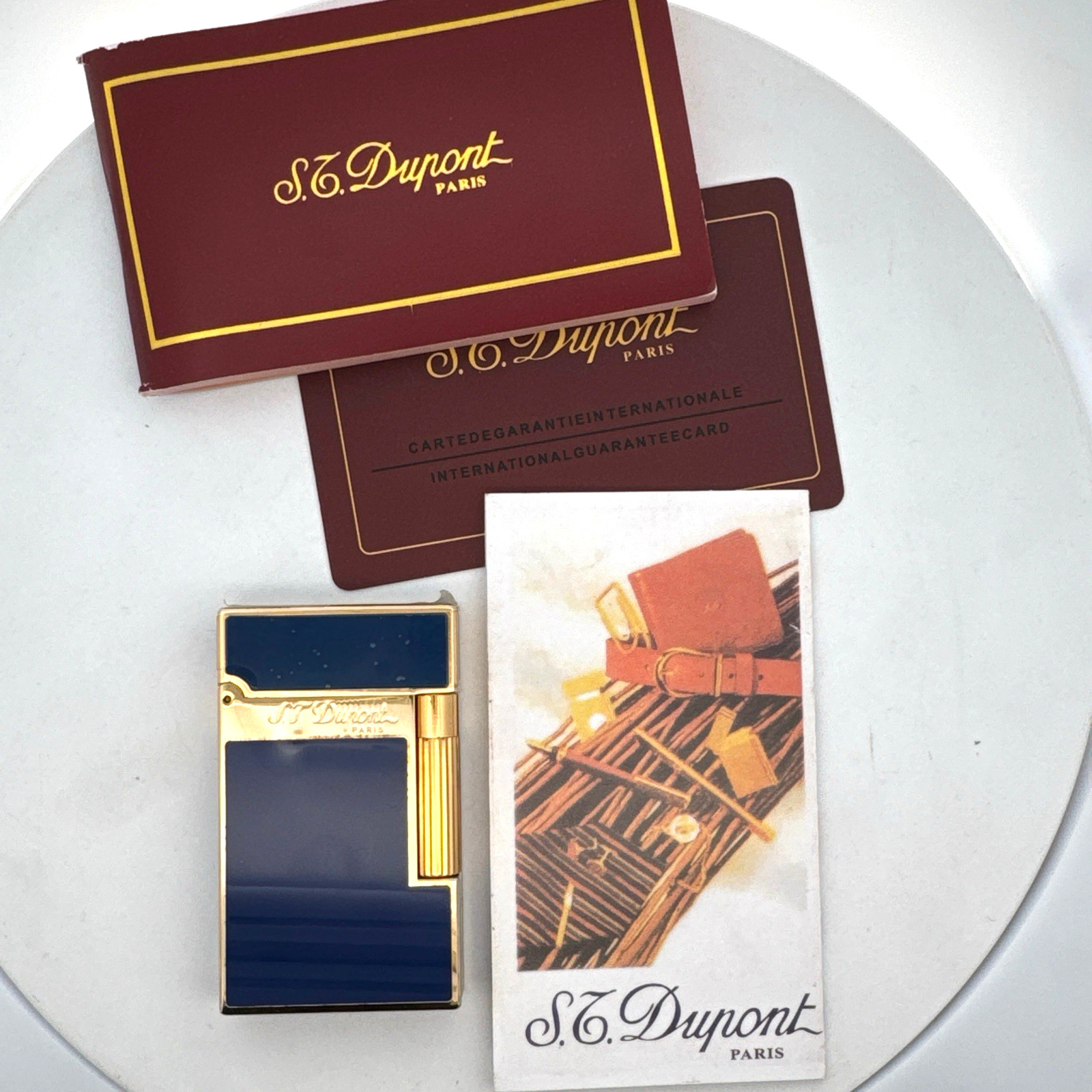 Vintage S.T. Dupont Paris Ligne 2 Blue Lacquer Gold Tone Brass Luxury Lighter