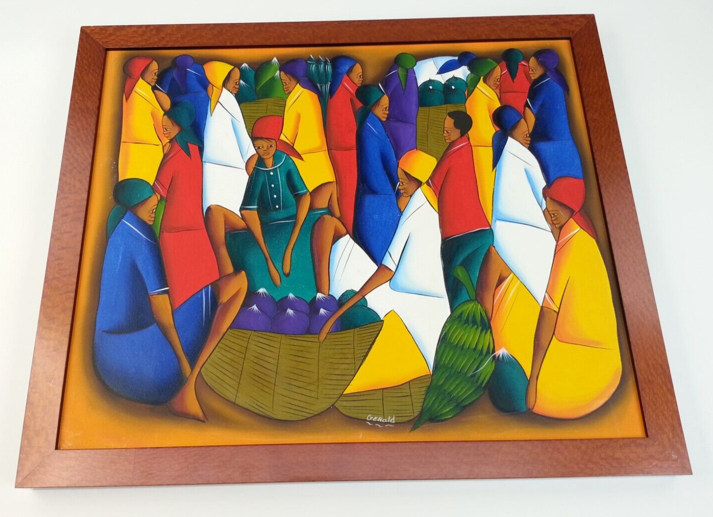 Vintage Caribbean Haitian People In Village Market Painting Art Signed Gerald Vintage Caribbean Haitian People In Village Market Painting Art Signed Gerald