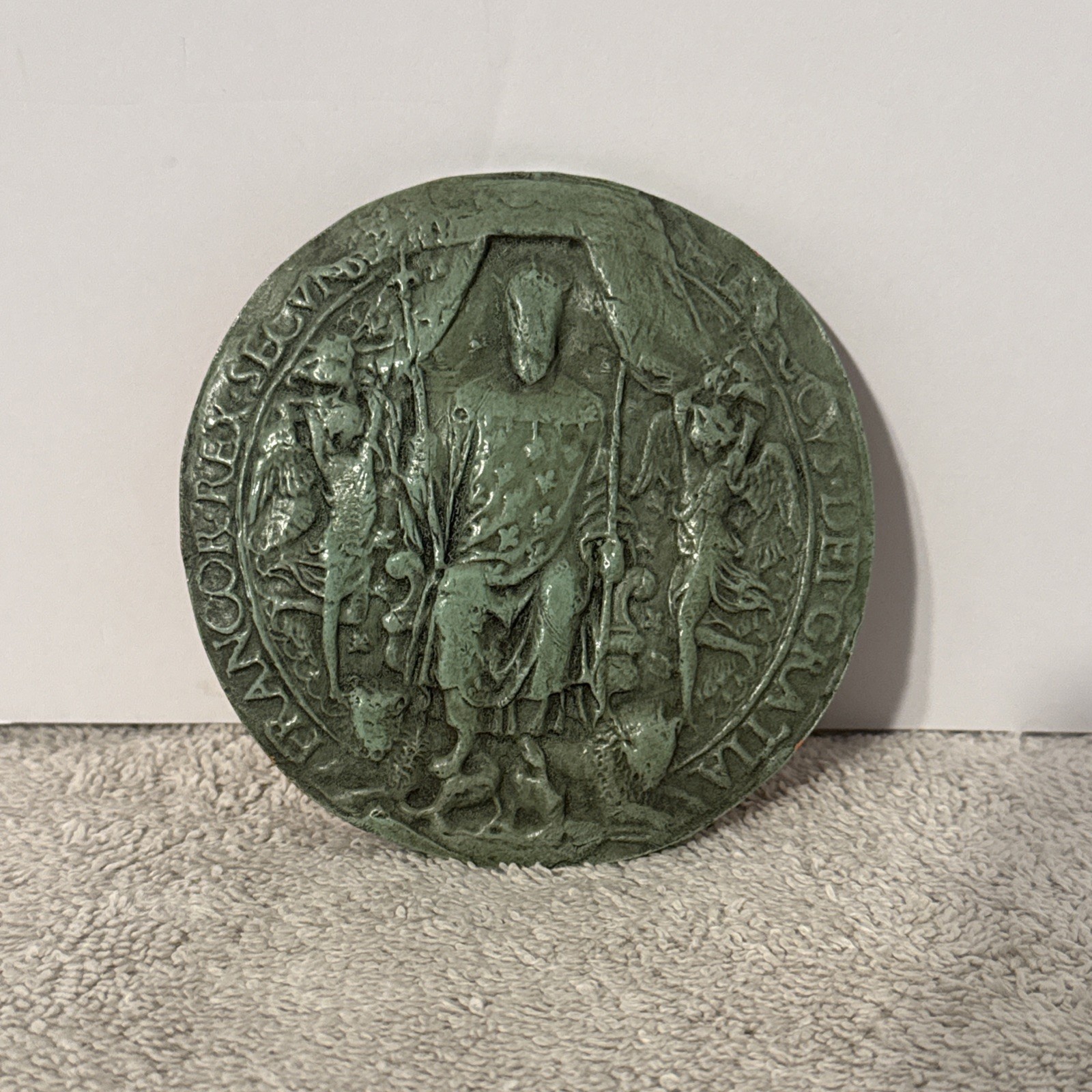 Vintage Medieval Royal Seal Plaque Latin Inscription Green Patina Terracotta 4”
