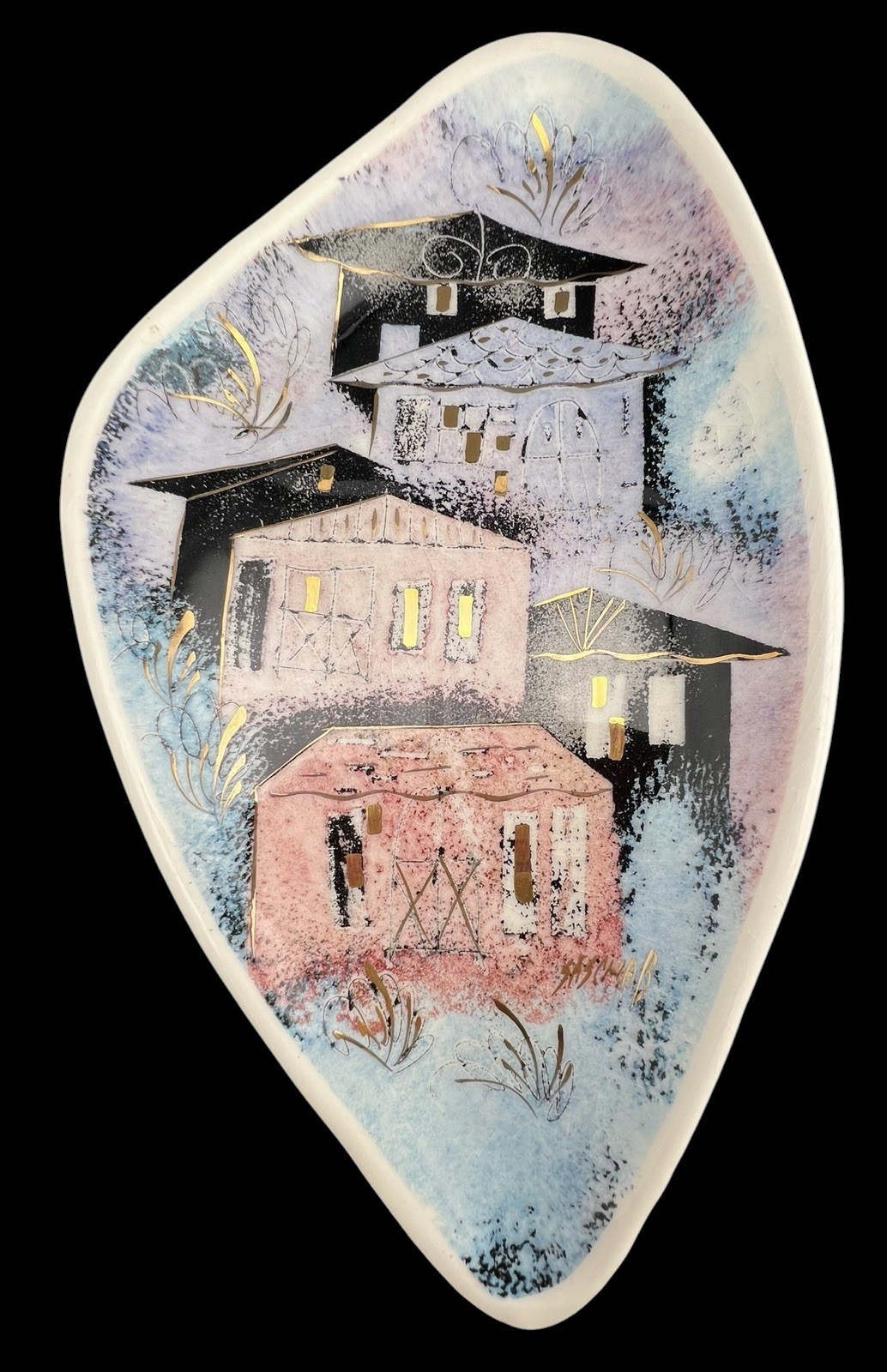 Vintage MCM Sascha Brastoff Dish Colorful Houses & Rooftops Folded Ceramic Style