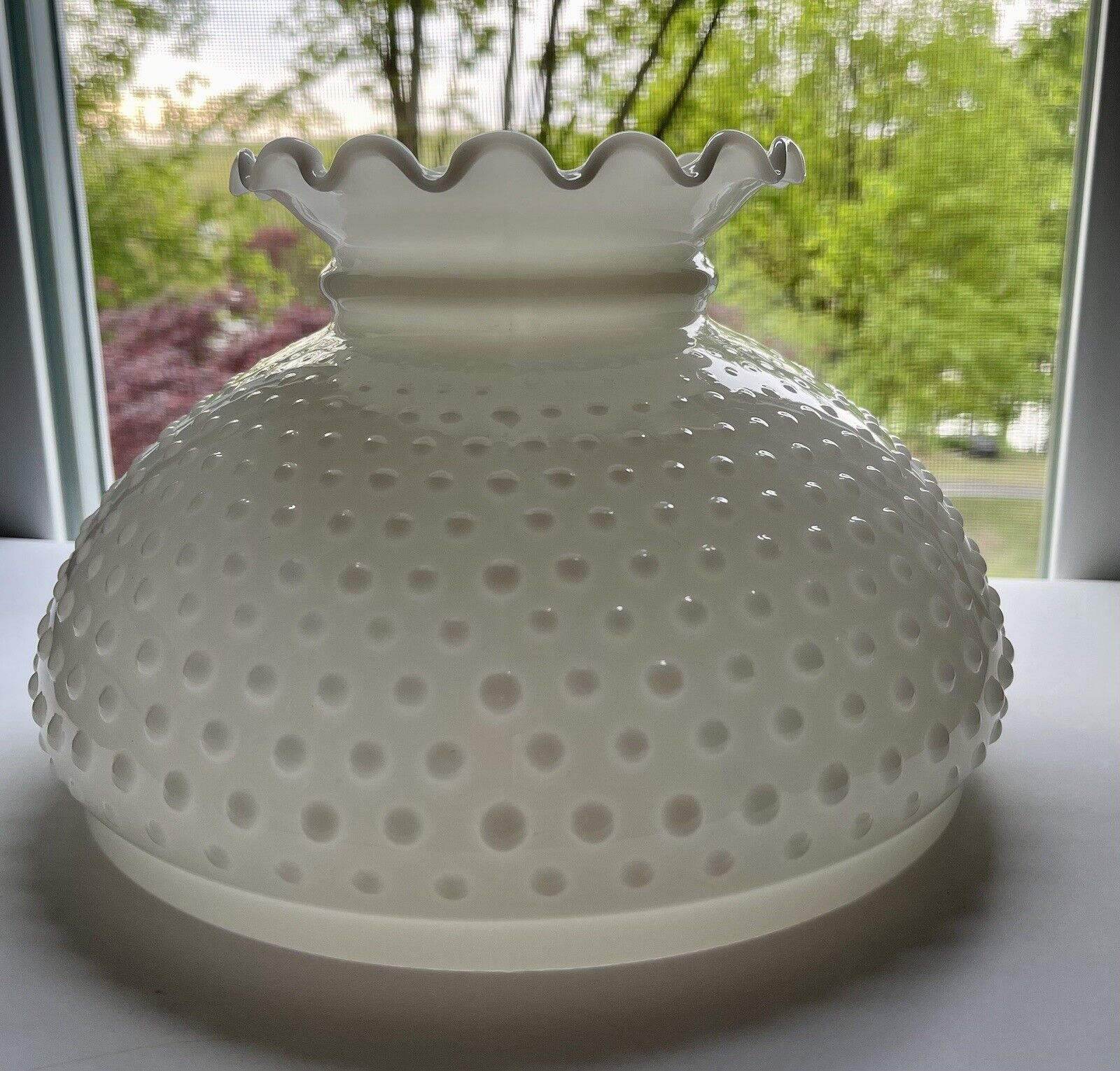 Large Vintage White Milk Glass Hobnail Lamp Globe Ruffled Shade 10” Fitter