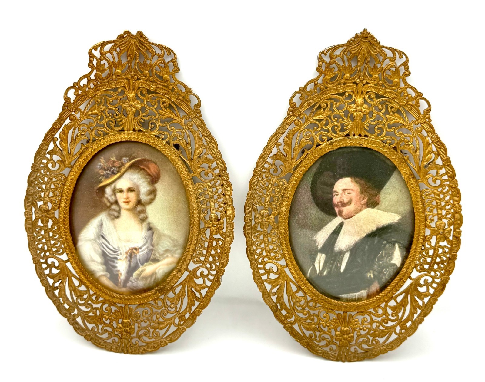 Pair Vintage Gilt Brass Filigree Oval Frames Laughing Cavalier Rococo Lady