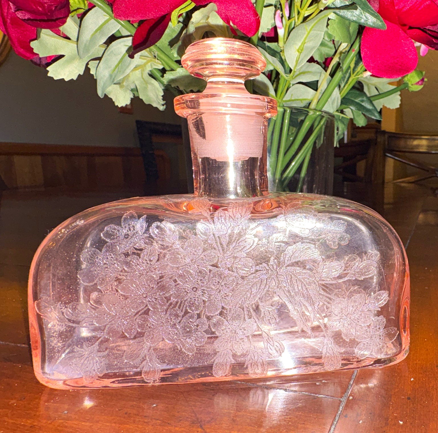 Vintage Tiffin 1930’s Pink Etched Depression Glass Perfume Bottle Decanter MINT