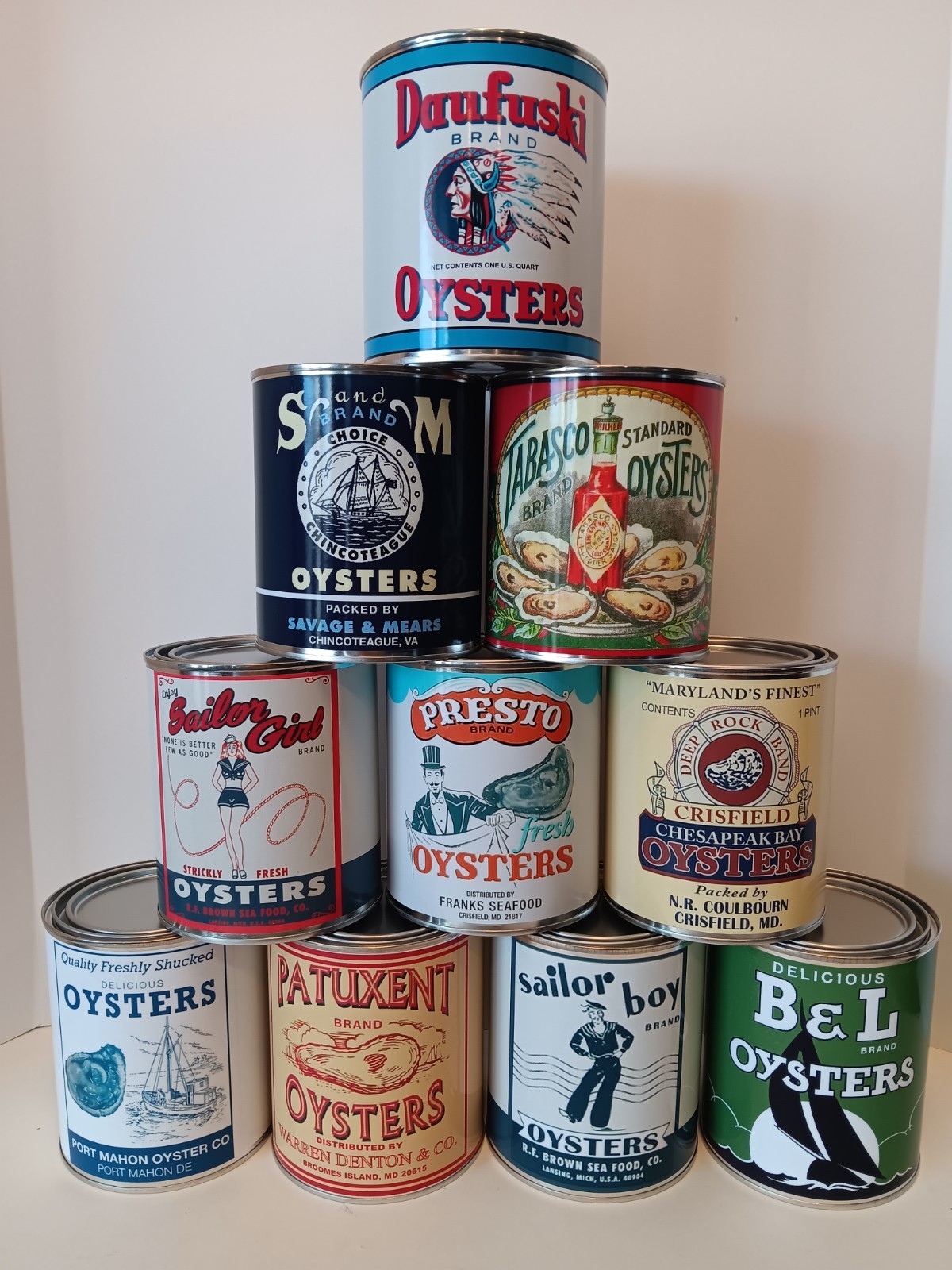 Vintage Oyster Can Brands 1 qt. cans - 10 Can Special (RE-POP COLLECTIBLE) Vintage Oyster Can Brands 1 qt. cans - 10 Can Special (RE-POP COLLECTIBLE)