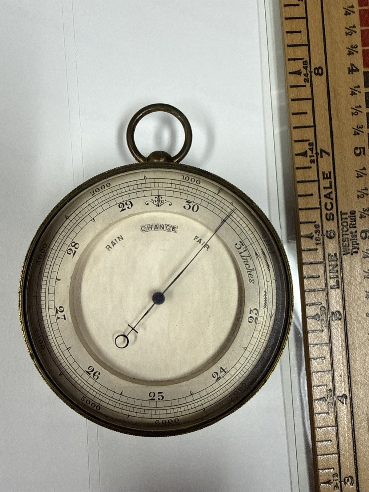 Vintage Nautical Brass Pocket Aneroid Barometer , White Face,  Mid-Victorian