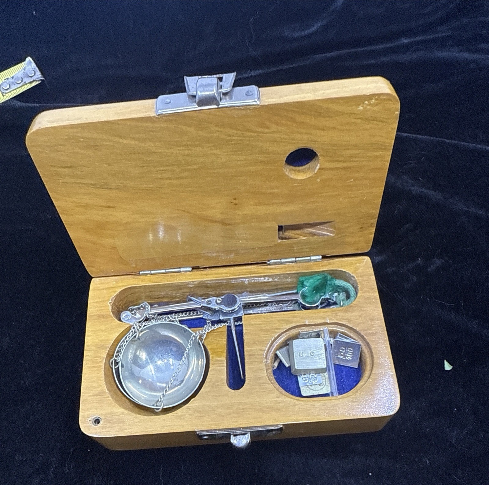Vintage Mini Jewelry Balance Scale w/ Wood Case & Weights