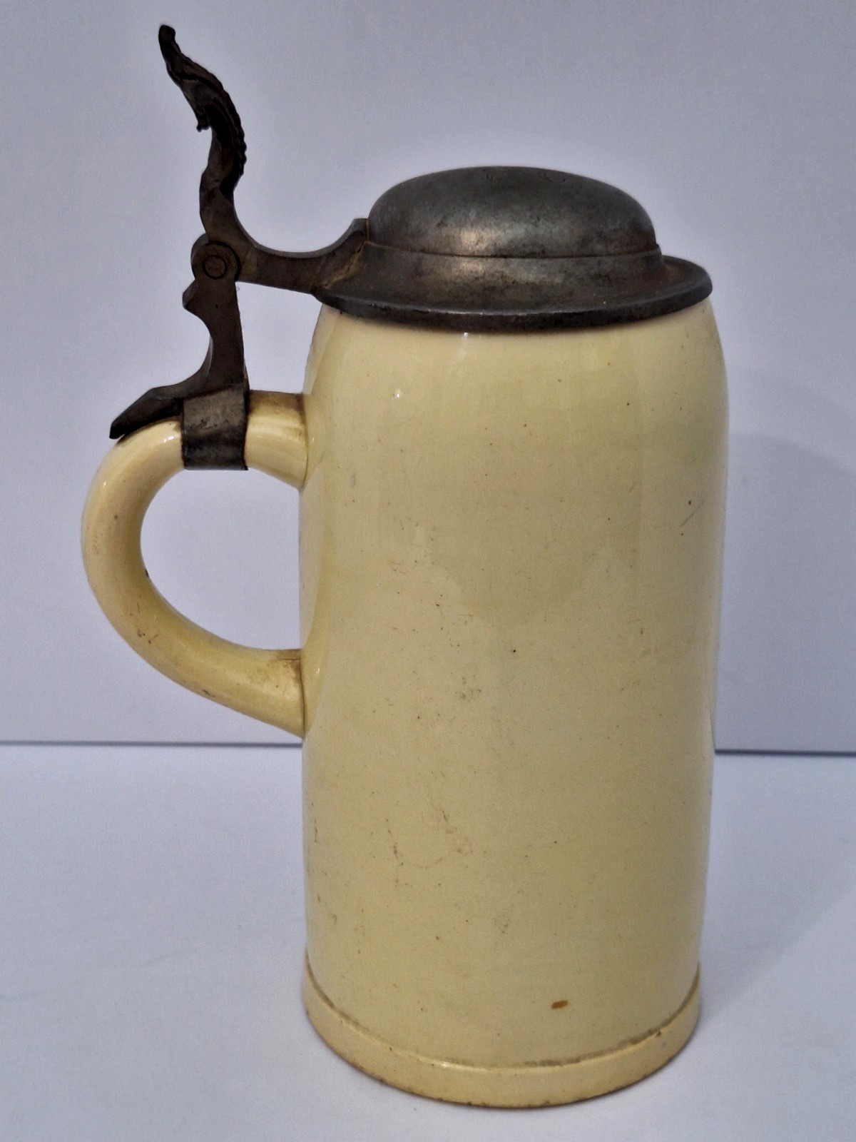 Antique 1Ltr. Early 1800's German Pottery Pewter Lidded Beer Stein Mug Tankard