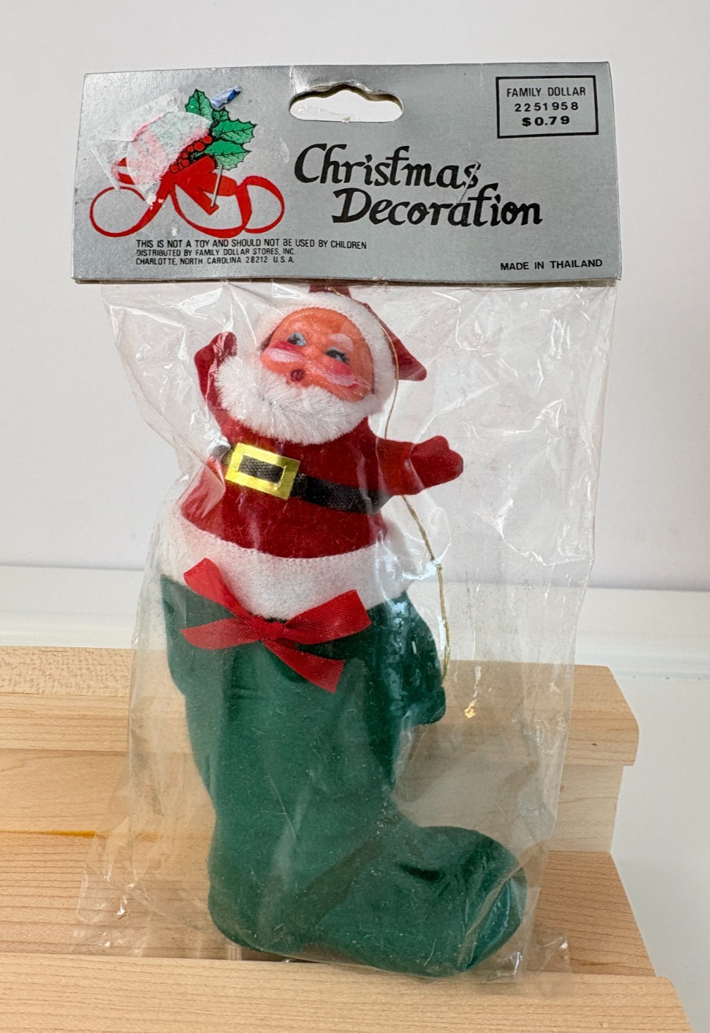 Vintage Kitschy Flocked Santa in Stocking Ornament - NOS Vintage Kitschy Flocked Santa in Stocking Ornament - NOS