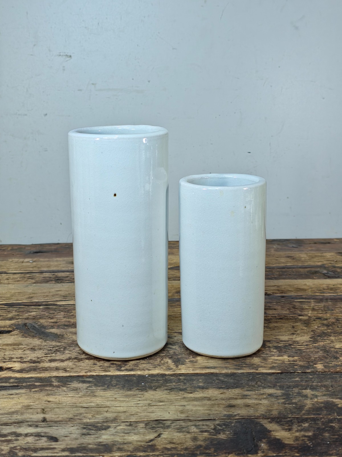 Signed Studio Pottery Vase Pair White Crackle Glaze Cylinders Modernist Style Signed Studio Pottery Vase Pair White Crackle Glaze Cylinders Modernist Style