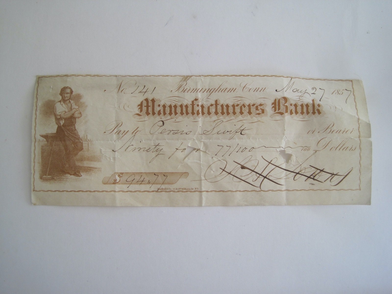 Manufacturers Bank Check Birmingham Connecticut 1857