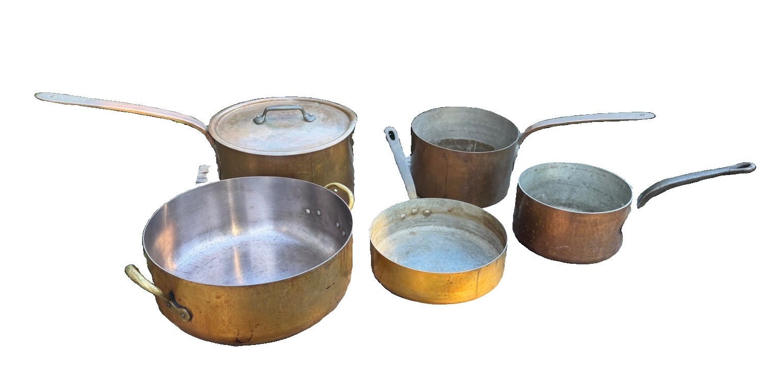 Vintage French Copper Cookware Lot 37 lb Mauviel Kitchen Kapers 5 Pots 3 Lids