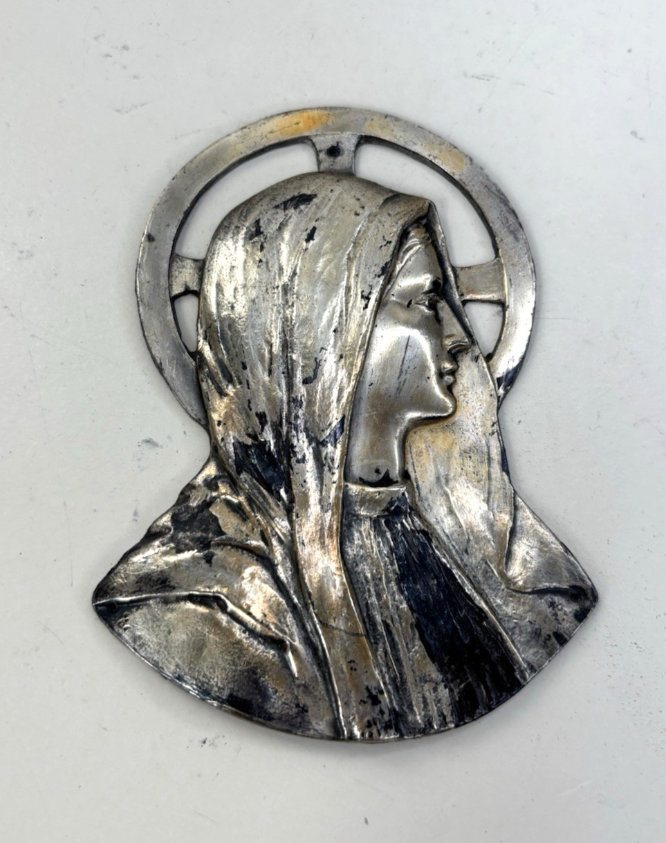 Vintage Virgin Mary Cast Metal Silhouette Silver Ornament Decor Medallion