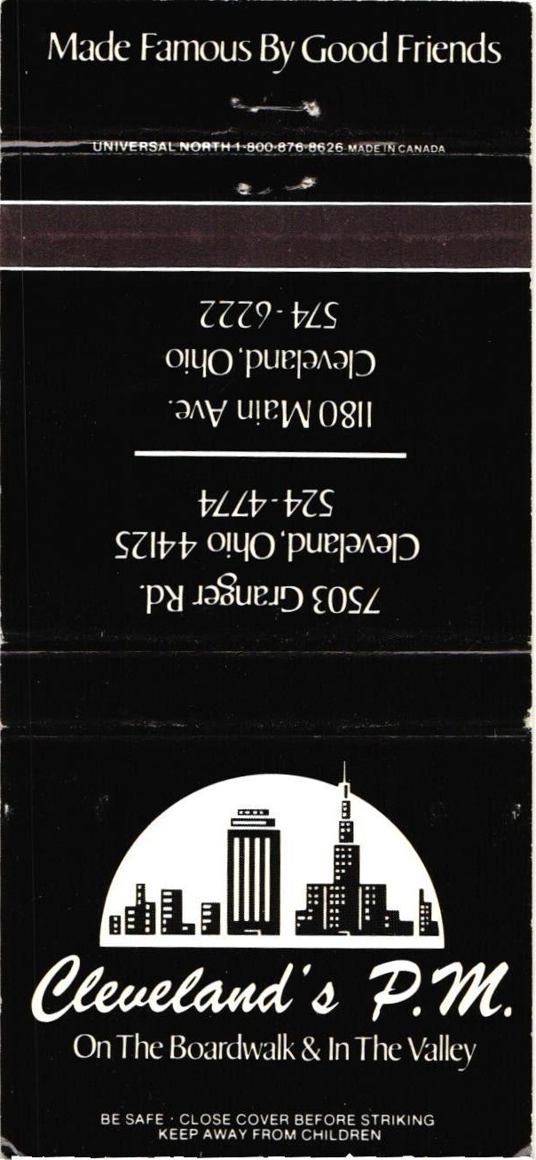 Cleveland's P.M. Cleveland OH Vintage Matchbook Cover 1980s Cleveland's P.M. Cleveland OH Vintage Matchbook Cover 1980s