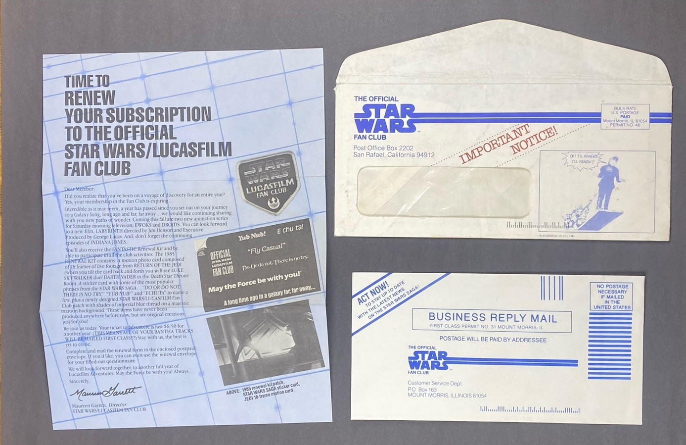 👍🔥🤯 VINTAGE 1985 Star Wars Lucasfilm Fan Club Renewal Kit Complete Envelopes