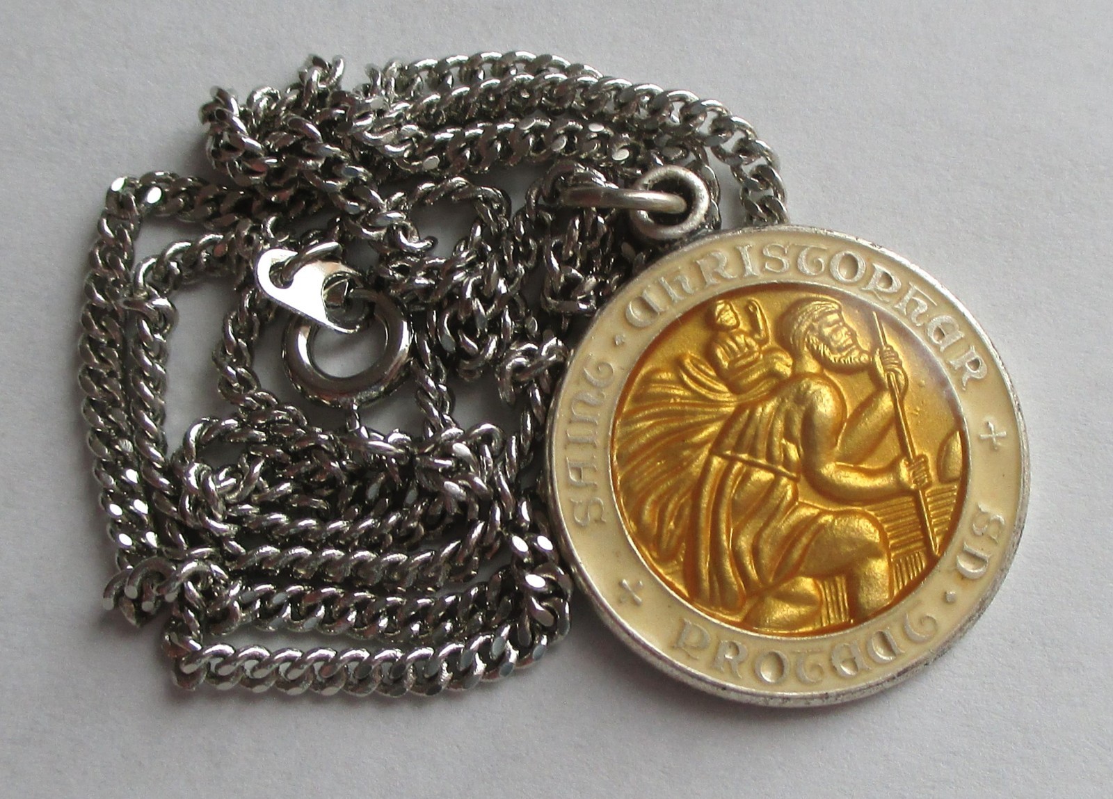 1in VINTAGE STERLING SILVER ENAMEL CREED SAINT CHRISTOPHER MEDAL CHAIN NECKLACE