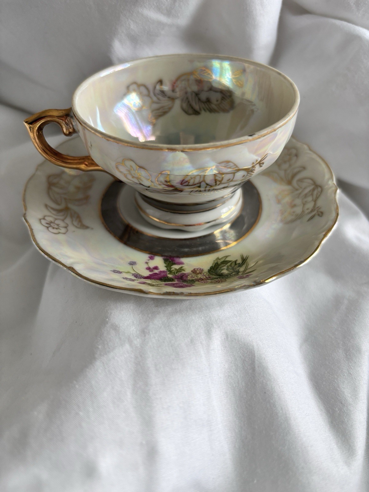 VTG Possibly Royal Halsey Fine Porcelain Floral Red Green Silver Rim Gold 2” VTG Possibly Royal Halsey Fine Porcelain Floral Red Green Silver Rim Gold 2”